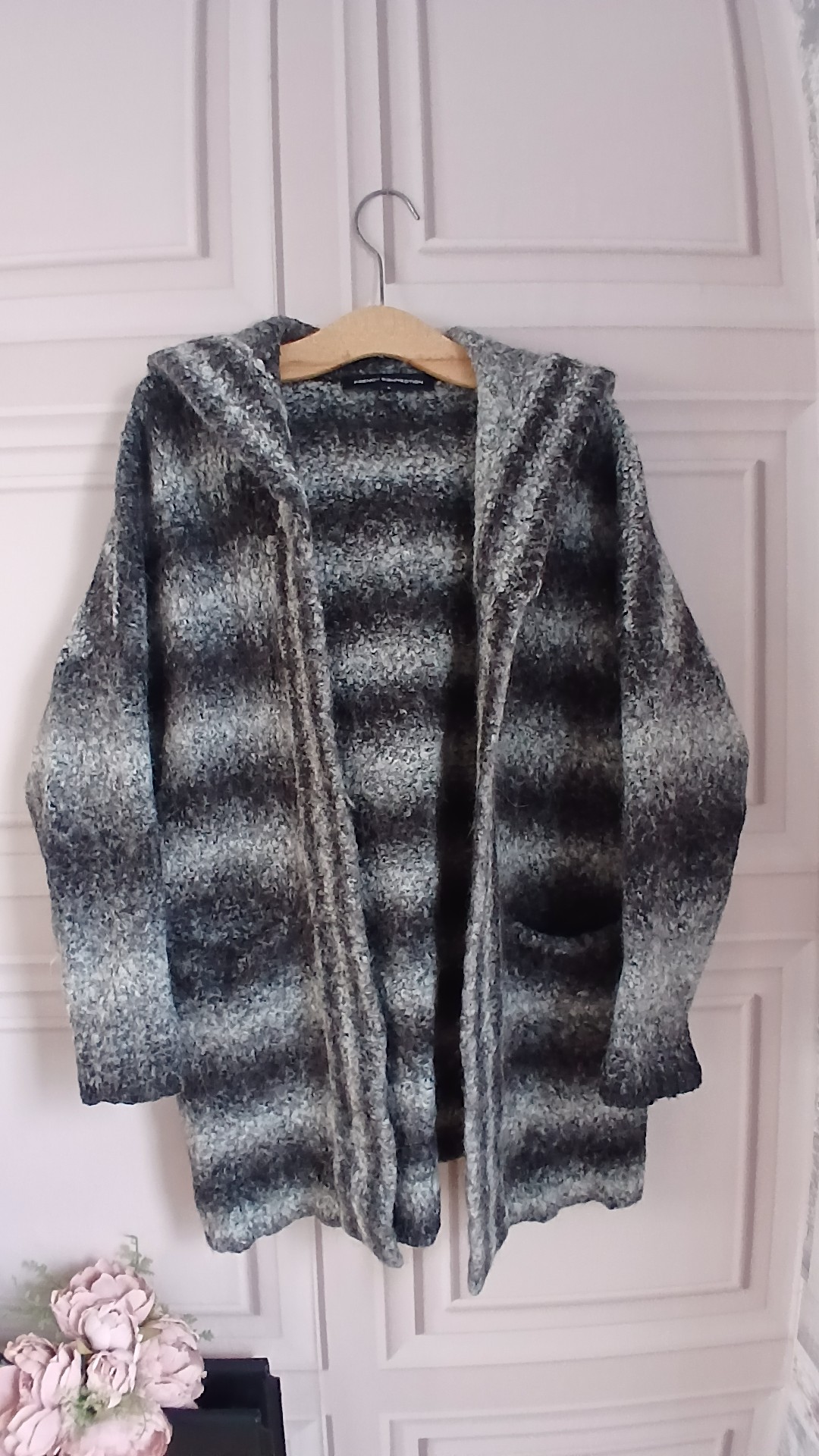 French Connection Women's Black & Grey Striped Hooded Cardigan Large Wool Blend
