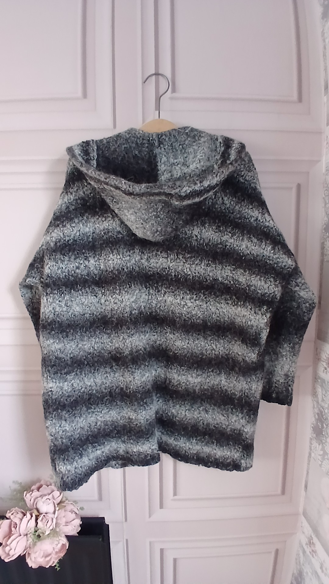 French Connection Women's Black & Grey Striped Hooded Cardigan Large Wool Blend image 3