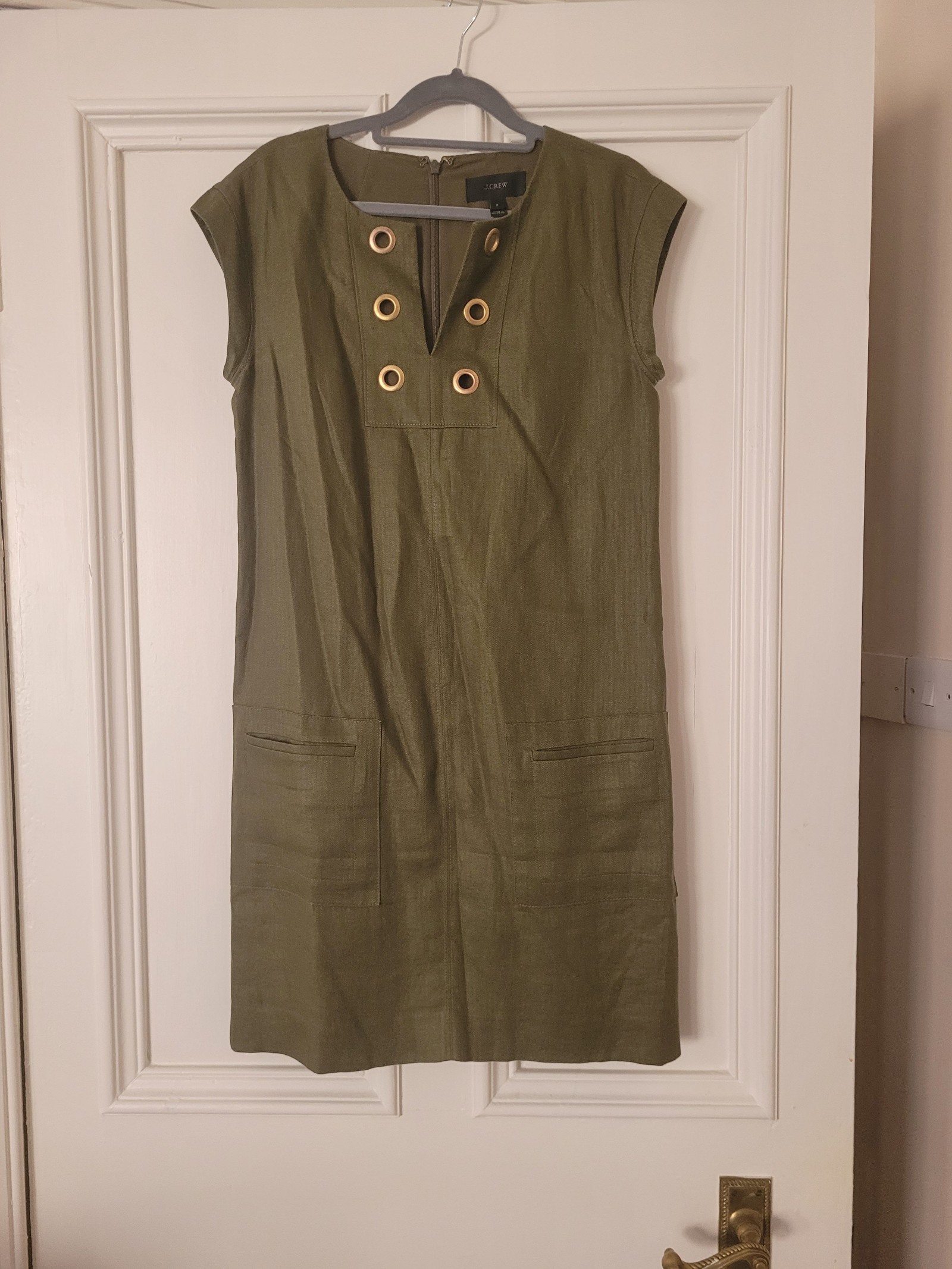 J.Crew Green Linen Shift Dress Size 2 Metal Eyelets