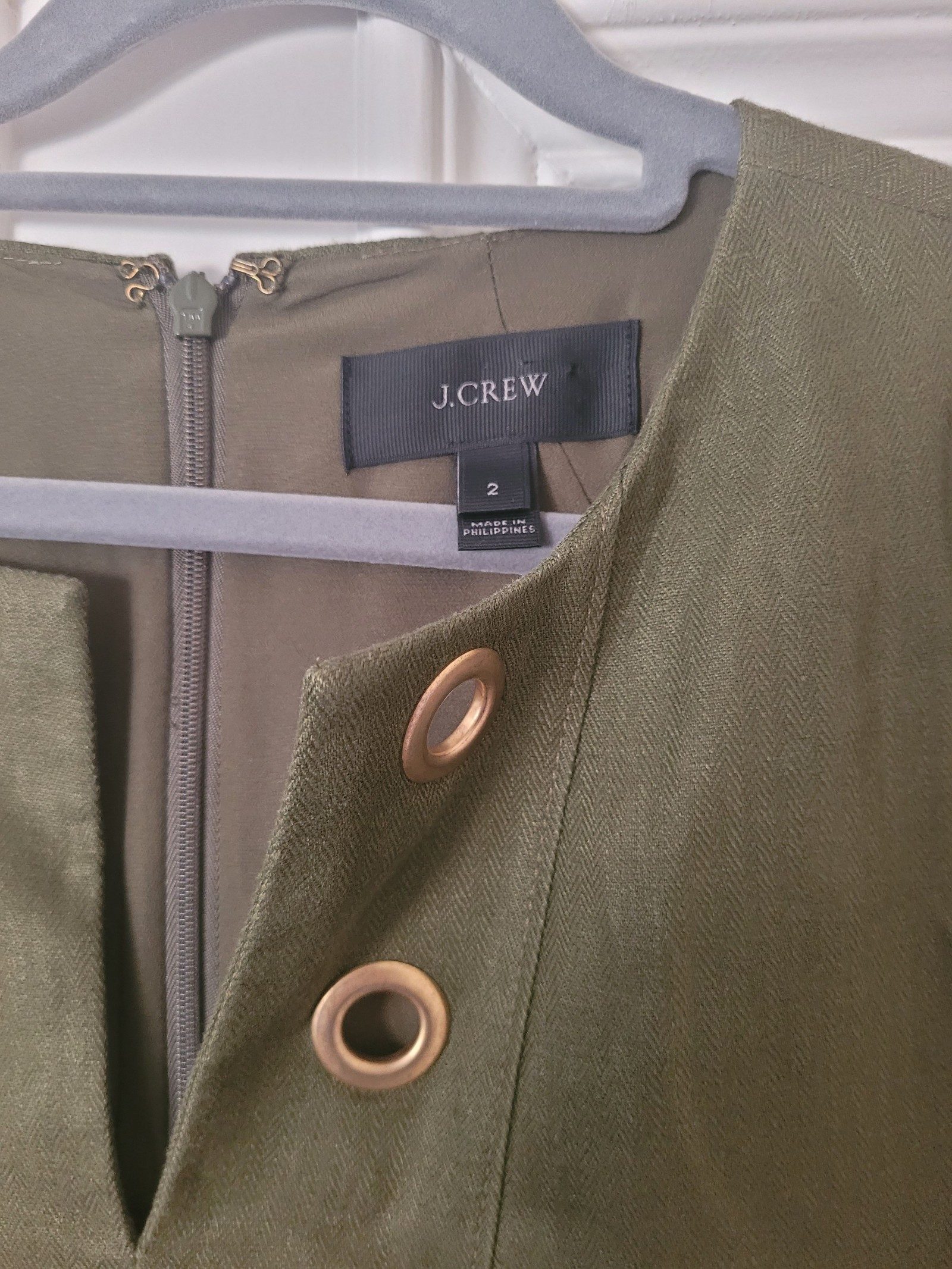 J.Crew Green Linen Shift Dress Size 2 Metal Eyelets image 3