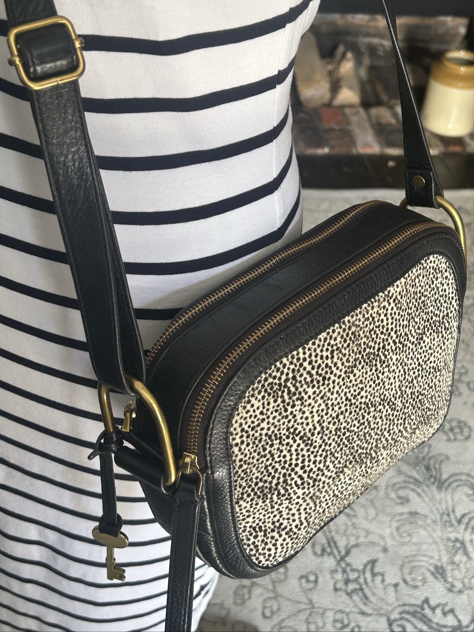 Fossil Black & White Leather Crossbody Bag Small Speckled image 3