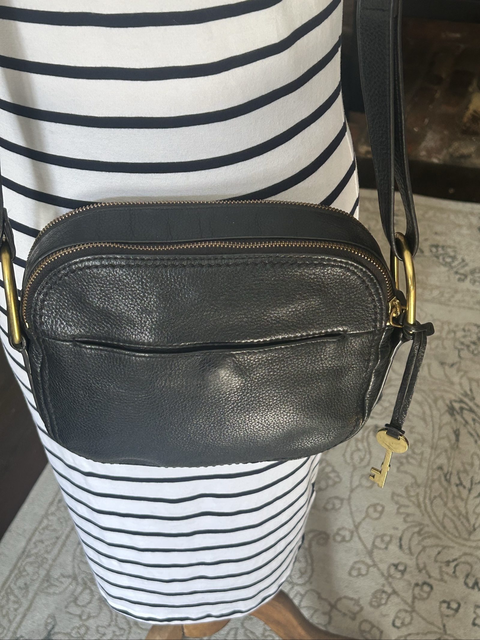 Fossil Black & White Leather Crossbody Bag Small Speckled image 8