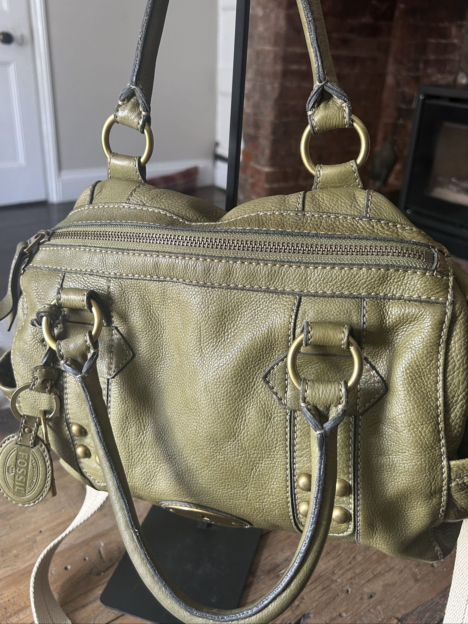 Fossil Olive Leather Satchel Handbag image 7