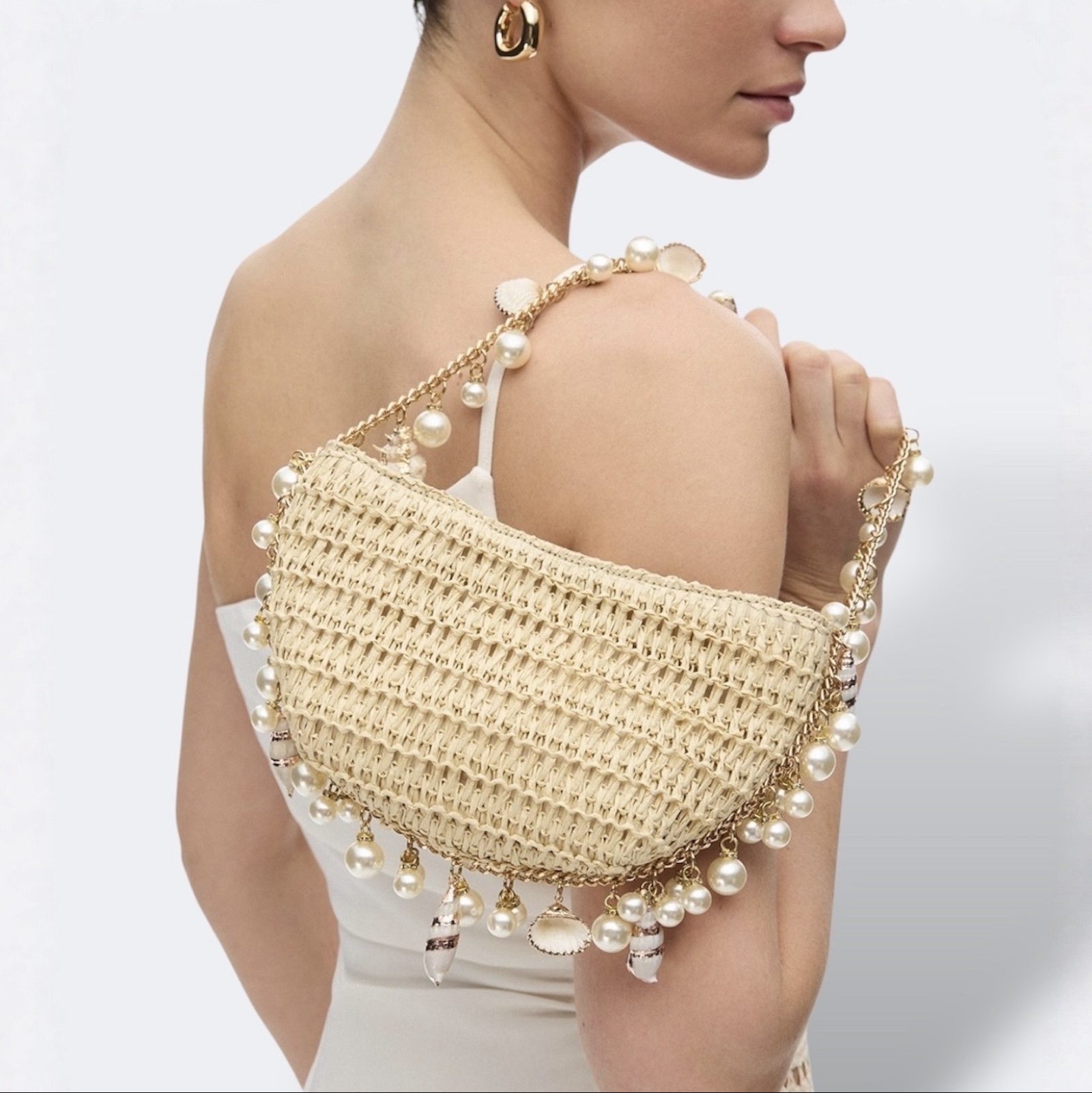 Coastal Luxe Shell & Pearl Mermaid Ocean Bag Vacation Woven Half Moon Clutch