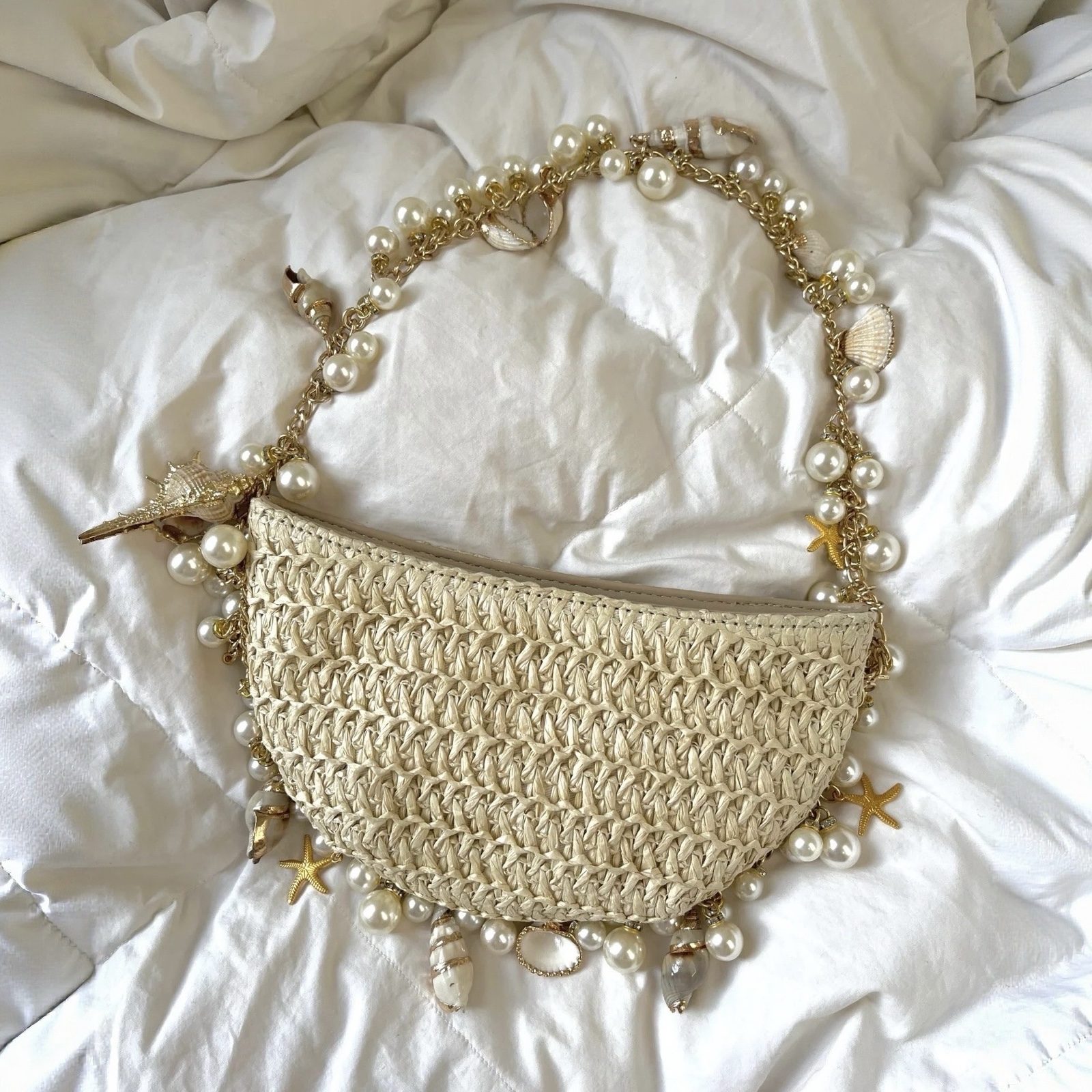 Coastal Luxe Shell & Pearl Mermaid Ocean Bag Vacation Woven Half Moon Clutch image 2