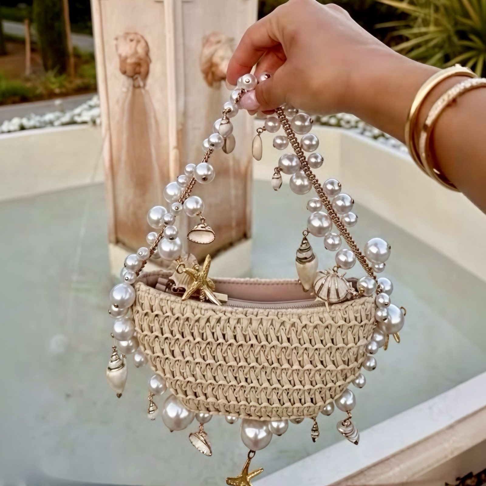 Coastal Luxe Shell & Pearl Mermaid Ocean Bag Vacation Woven Half Moon Clutch image 3