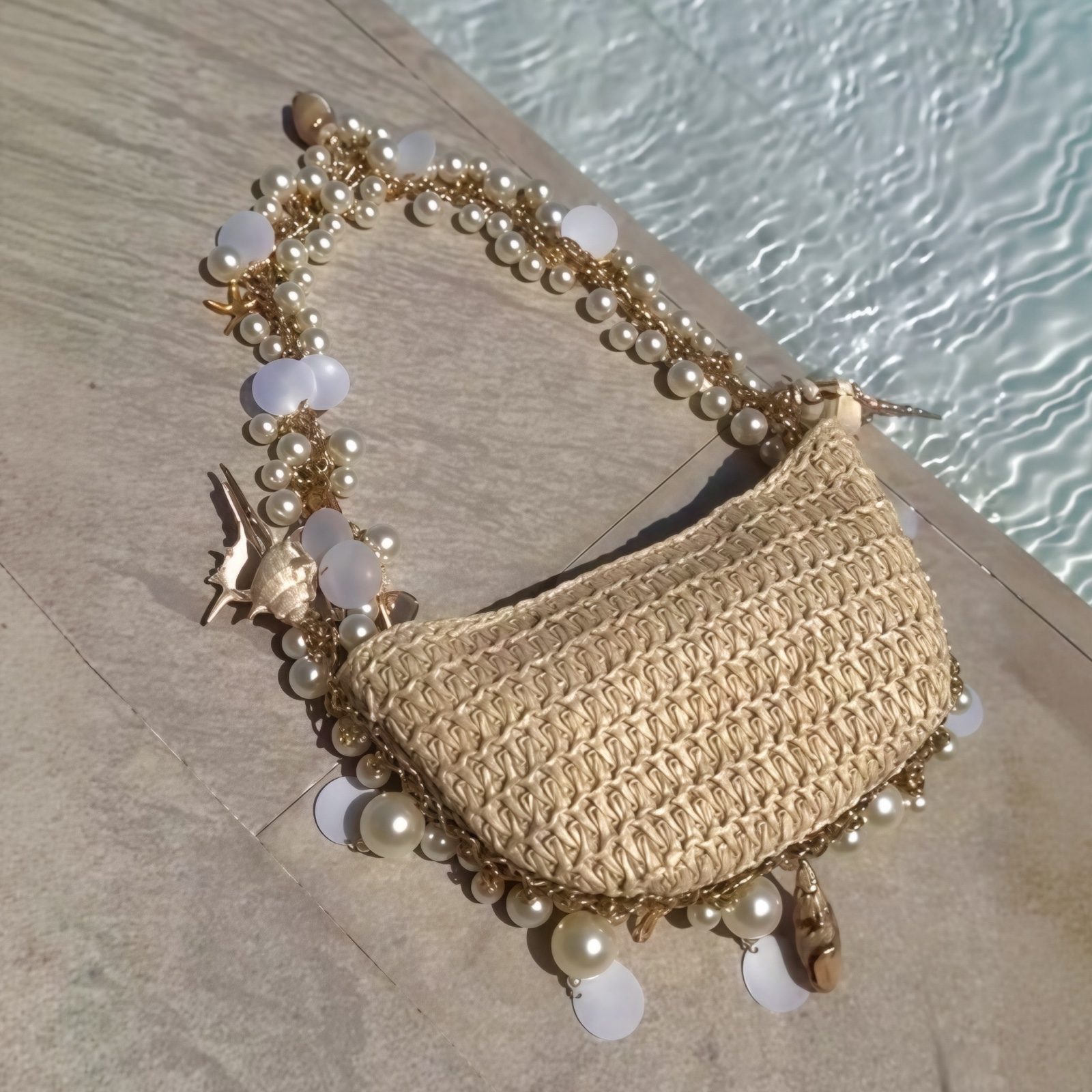 Coastal Luxe Shell & Pearl Mermaid Ocean Bag Vacation Woven Half Moon Clutch image 4