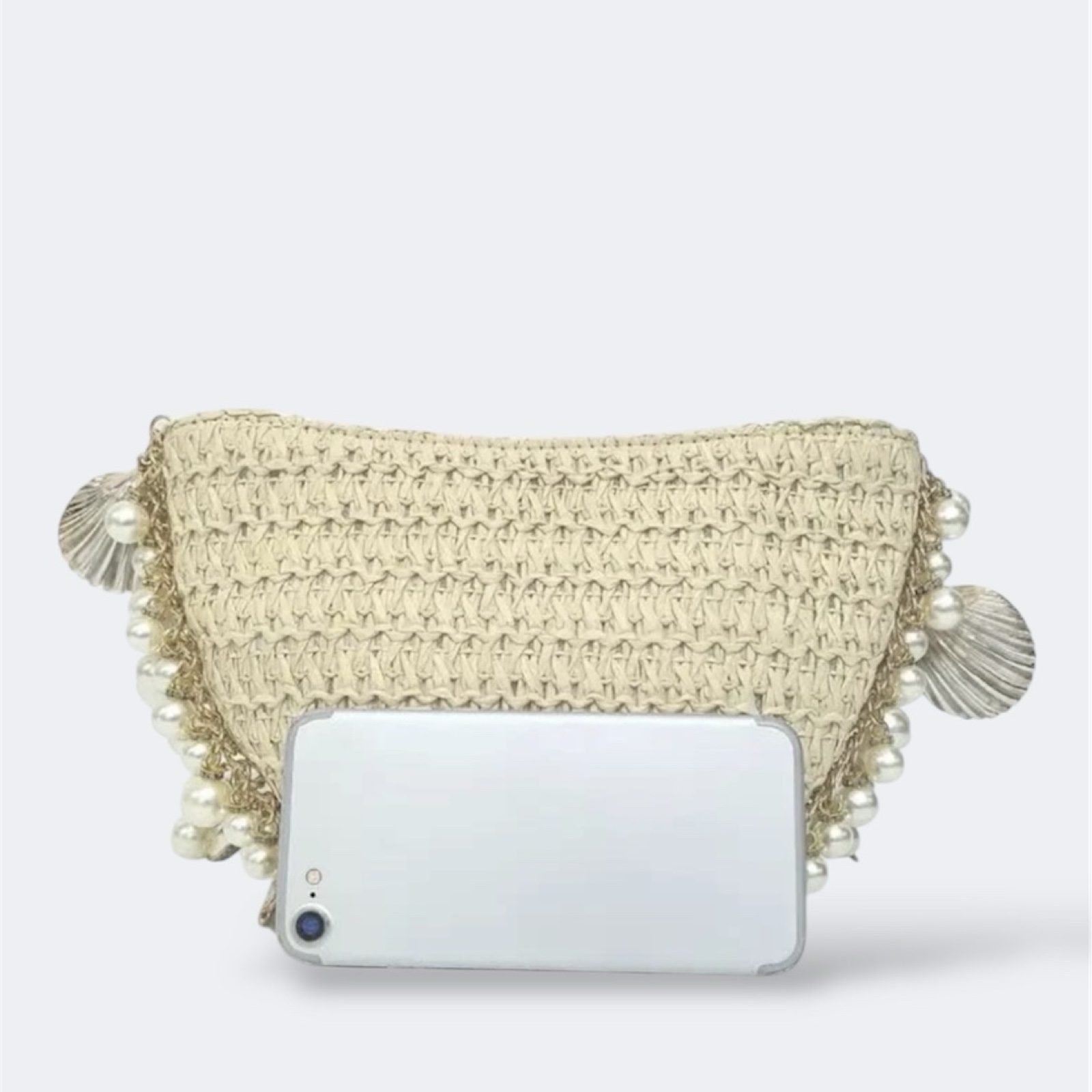Coastal Luxe Shell & Pearl Mermaid Ocean Bag Vacation Woven Half Moon Clutch image 8