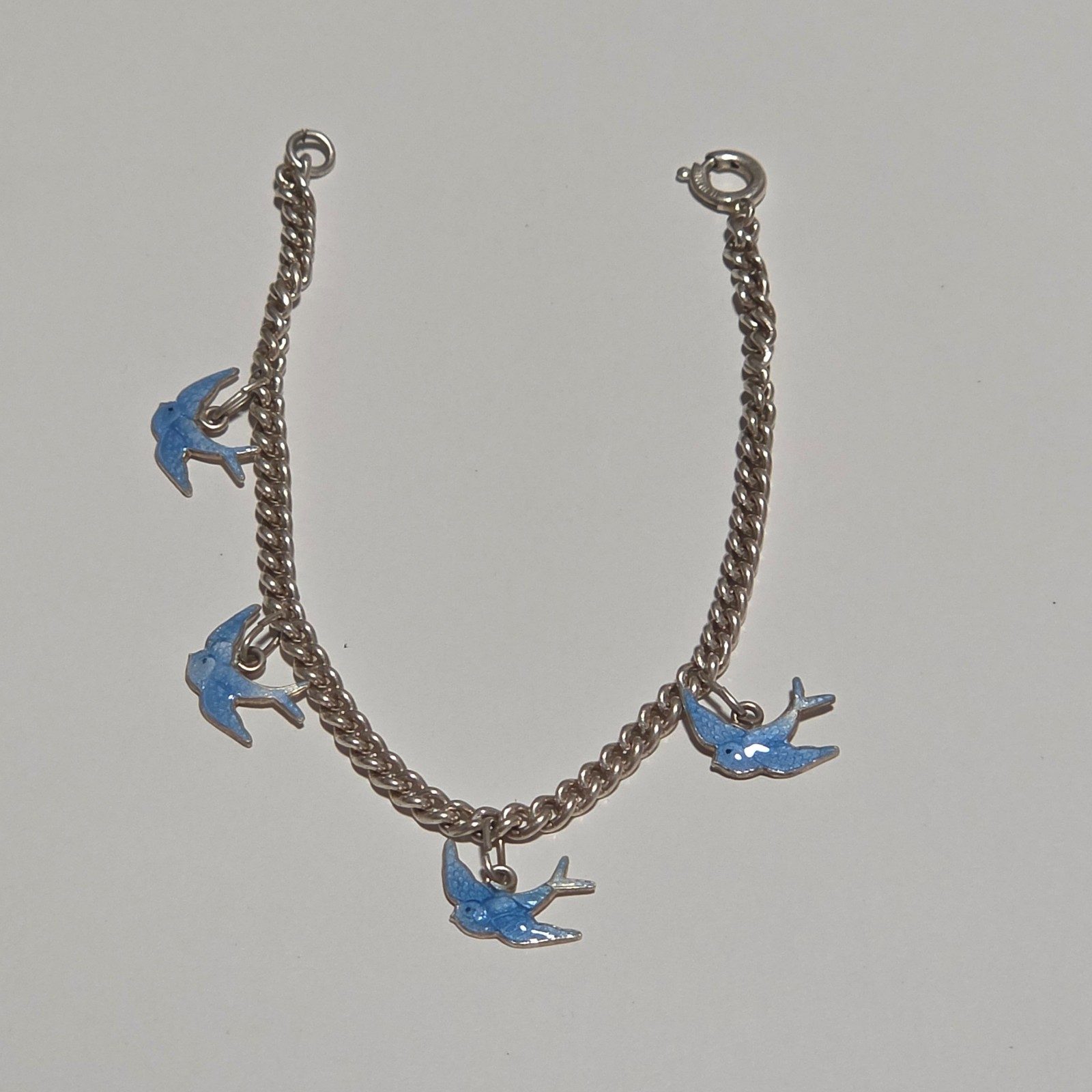Vintage sterling Silver Blue Bird Charm Bracelet .b6