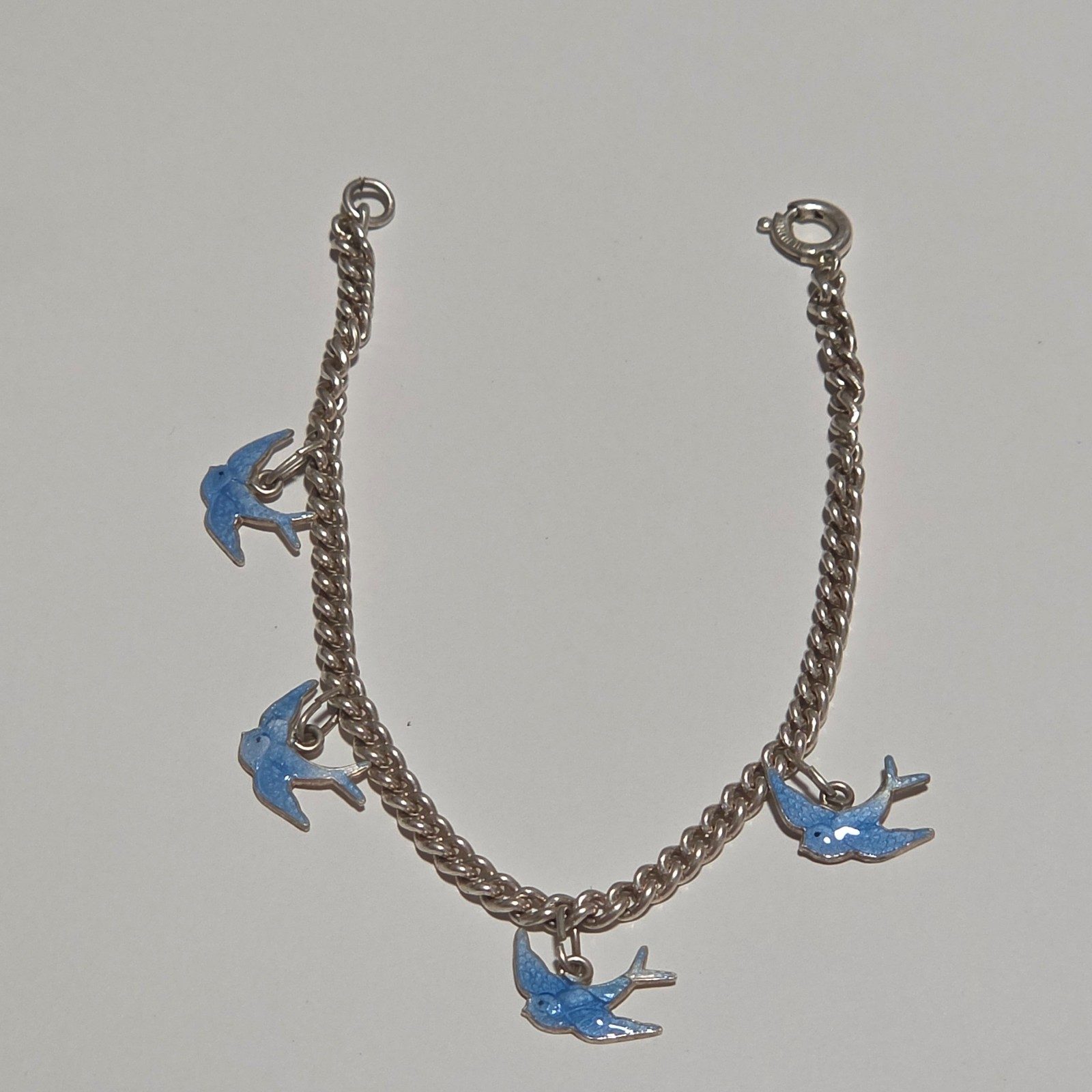 Vintage sterling Silver Blue Bird Charm Bracelet .b6 image 2