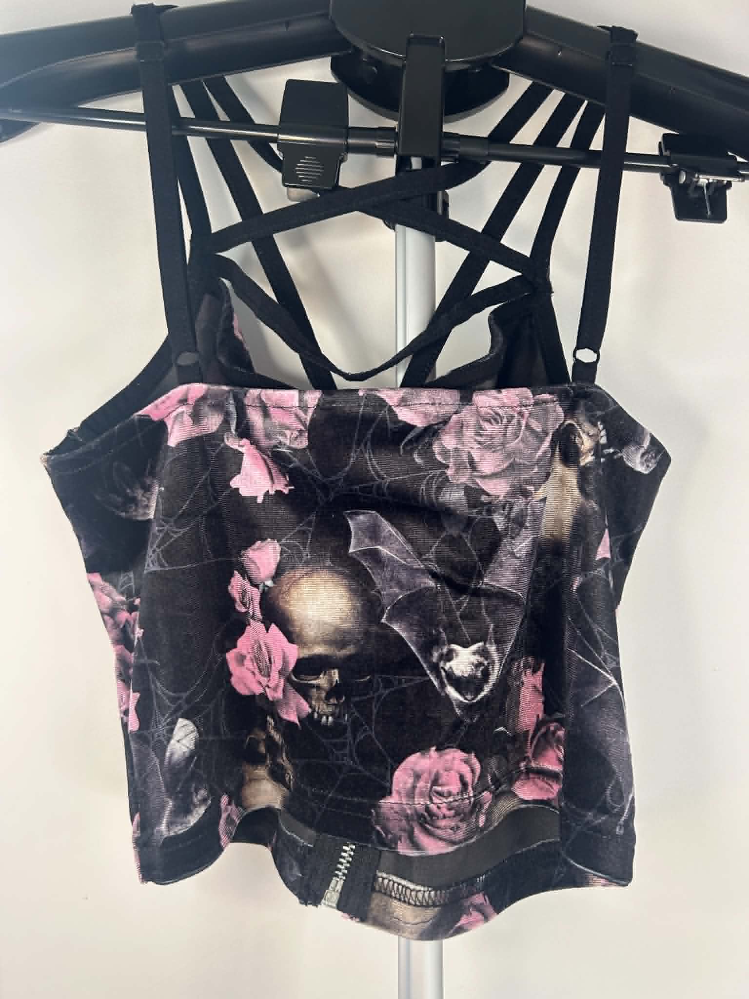 Killstar Black & Pink Skull & Rose Print Strappy Zip-Up Crop Top Medium image 2