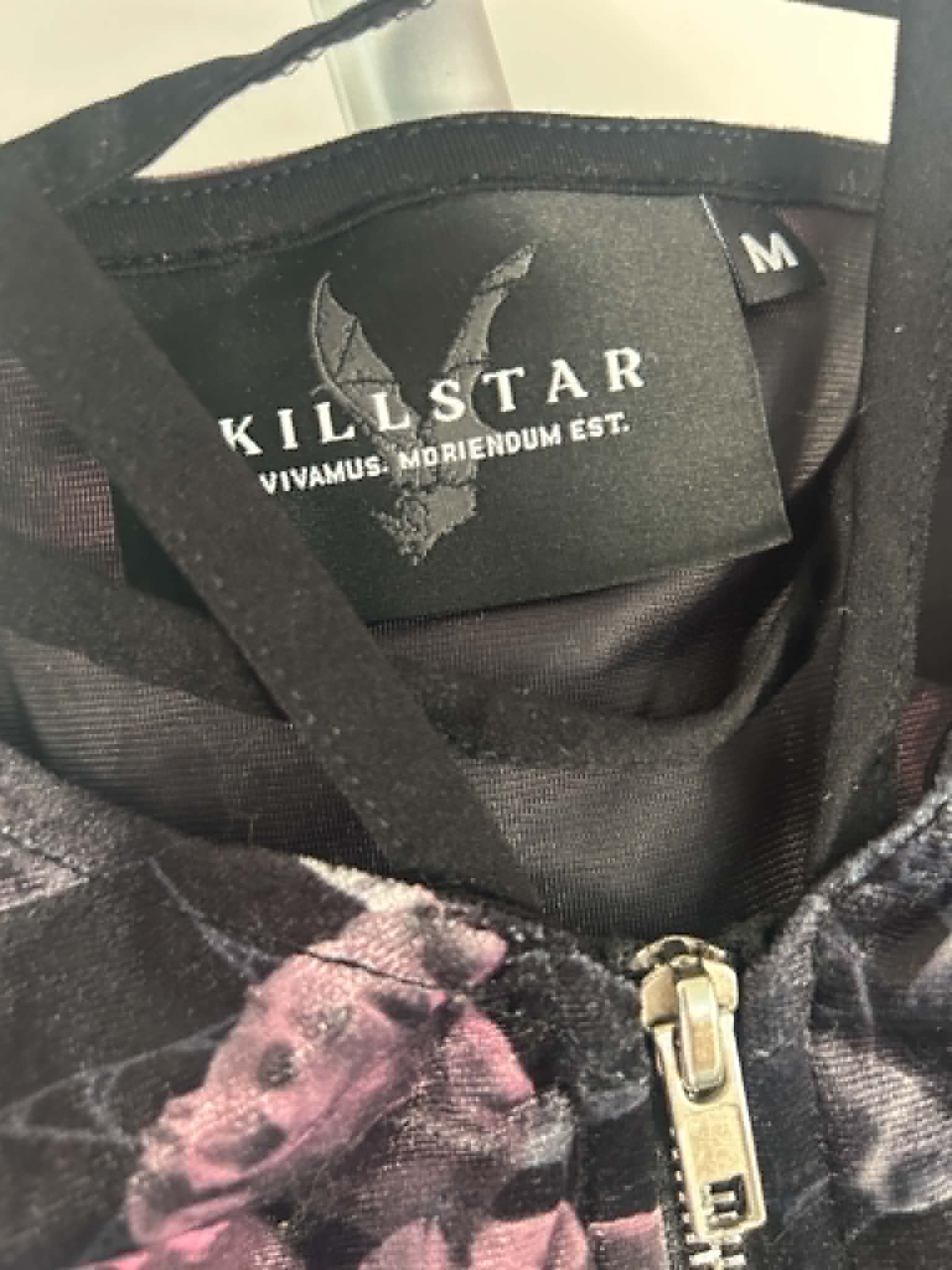 Killstar Black & Pink Skull & Rose Print Strappy Zip-Up Crop Top Medium image 3