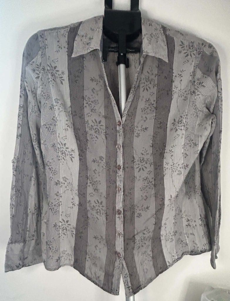 M&S Patterned Grey Striped Floral Cotton Shirt Size 14