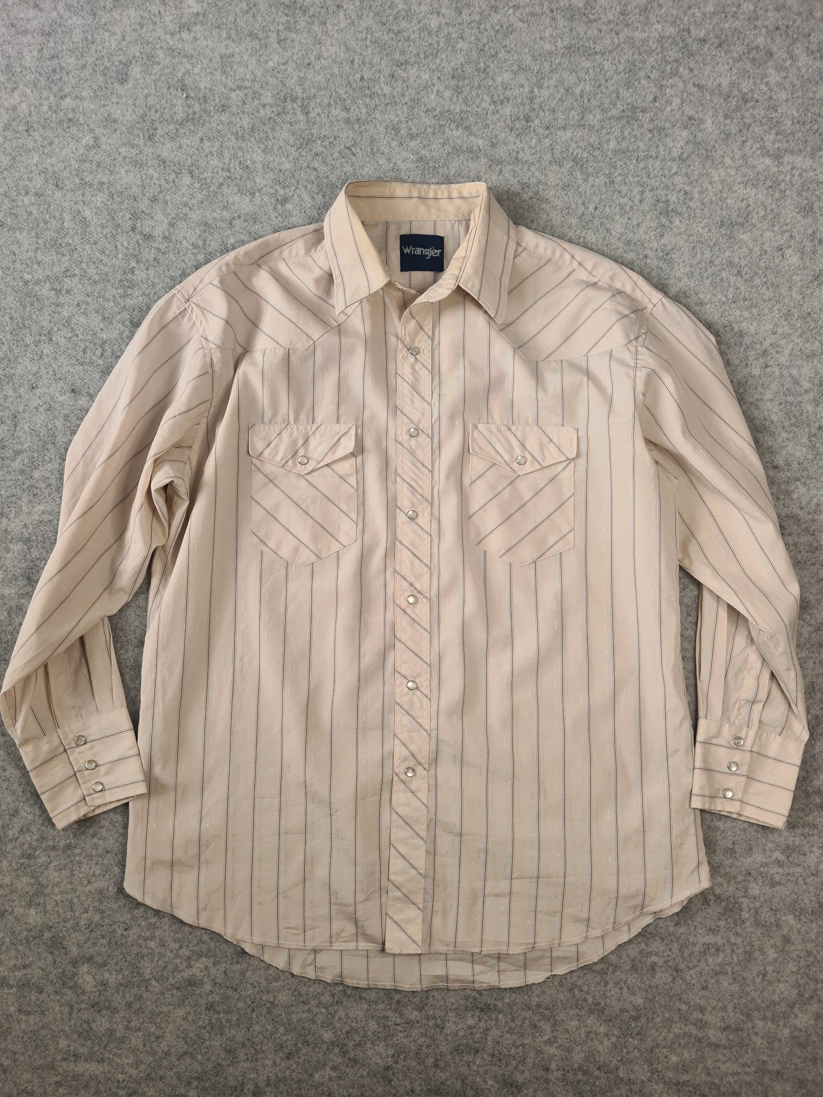 Wrangler Men’s Beige Brown Blue Stripe Western Dress Shirt Large 1116