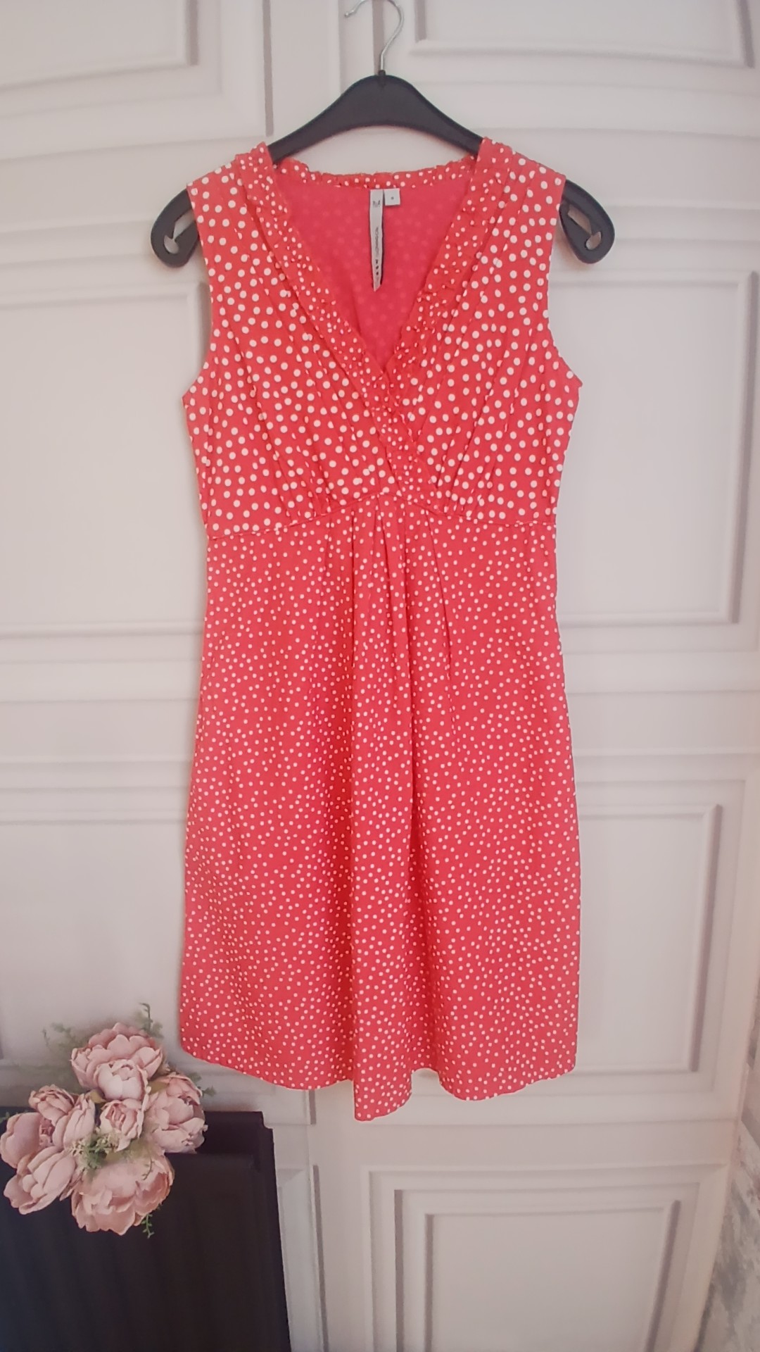 Crew Clothing 100% Cotton Coral & White Polka Dot Cotton Dress Size 6