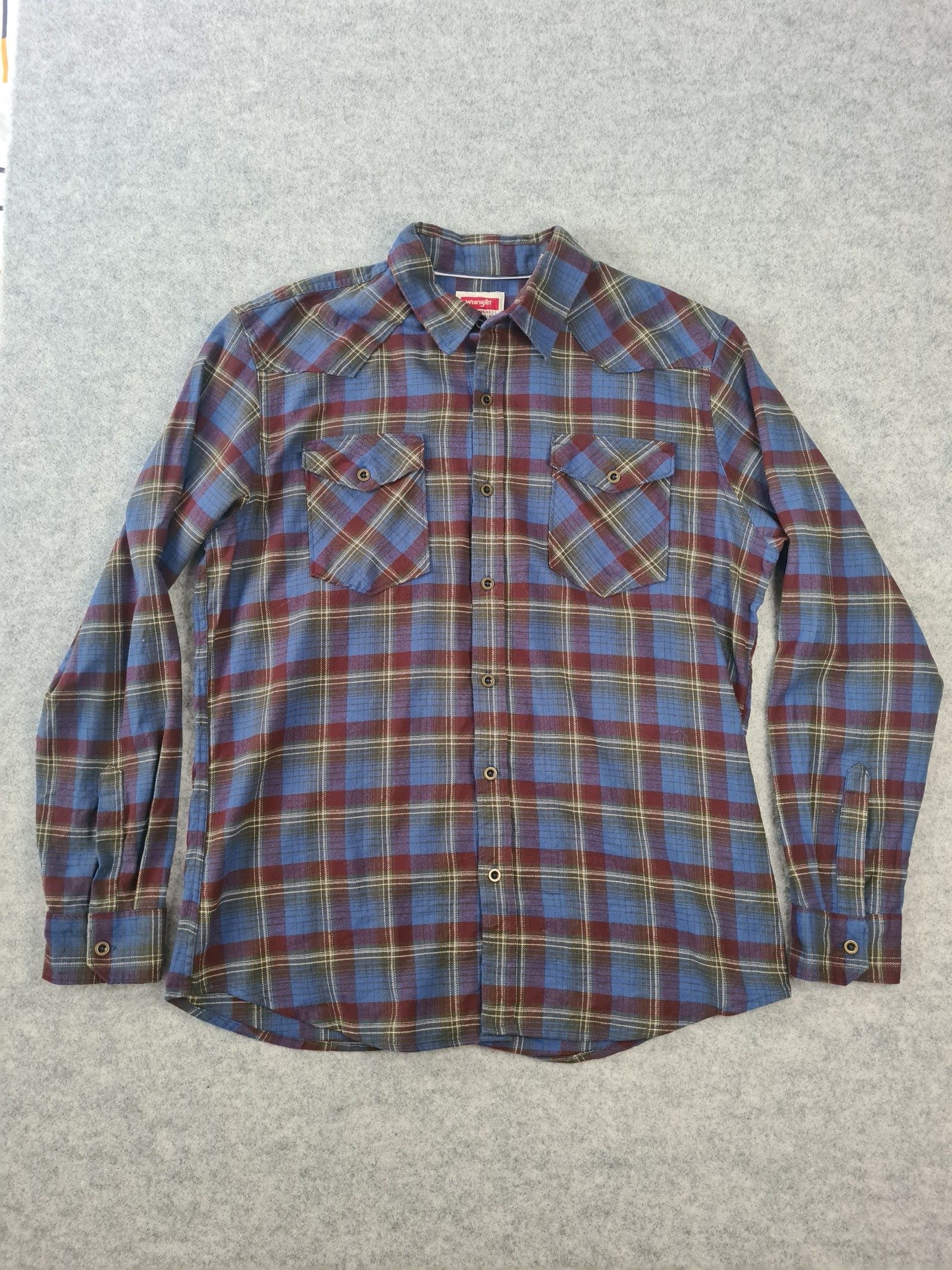 Wrangler Men’s Blue Brown Checked Flannel Shirt Western Large 1130