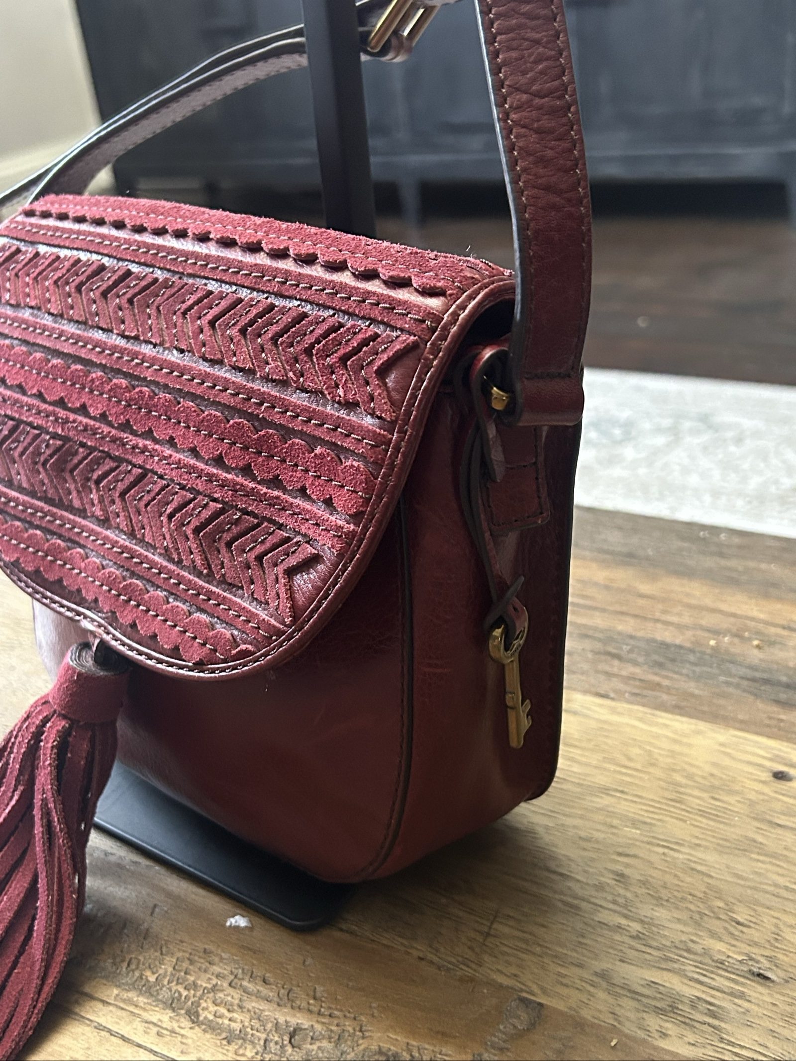 Fossil Emi Red Leather Tassel Detail Shoulder Bag image 3