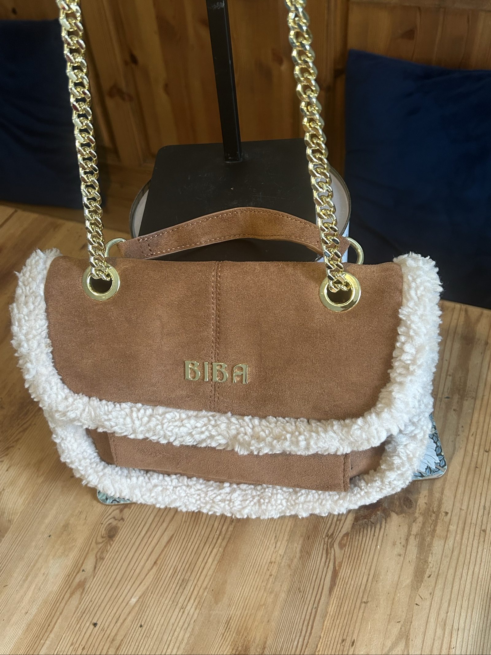 Biba Brown & White Faux Suede Faux Shearling Shoulder Bag image 7