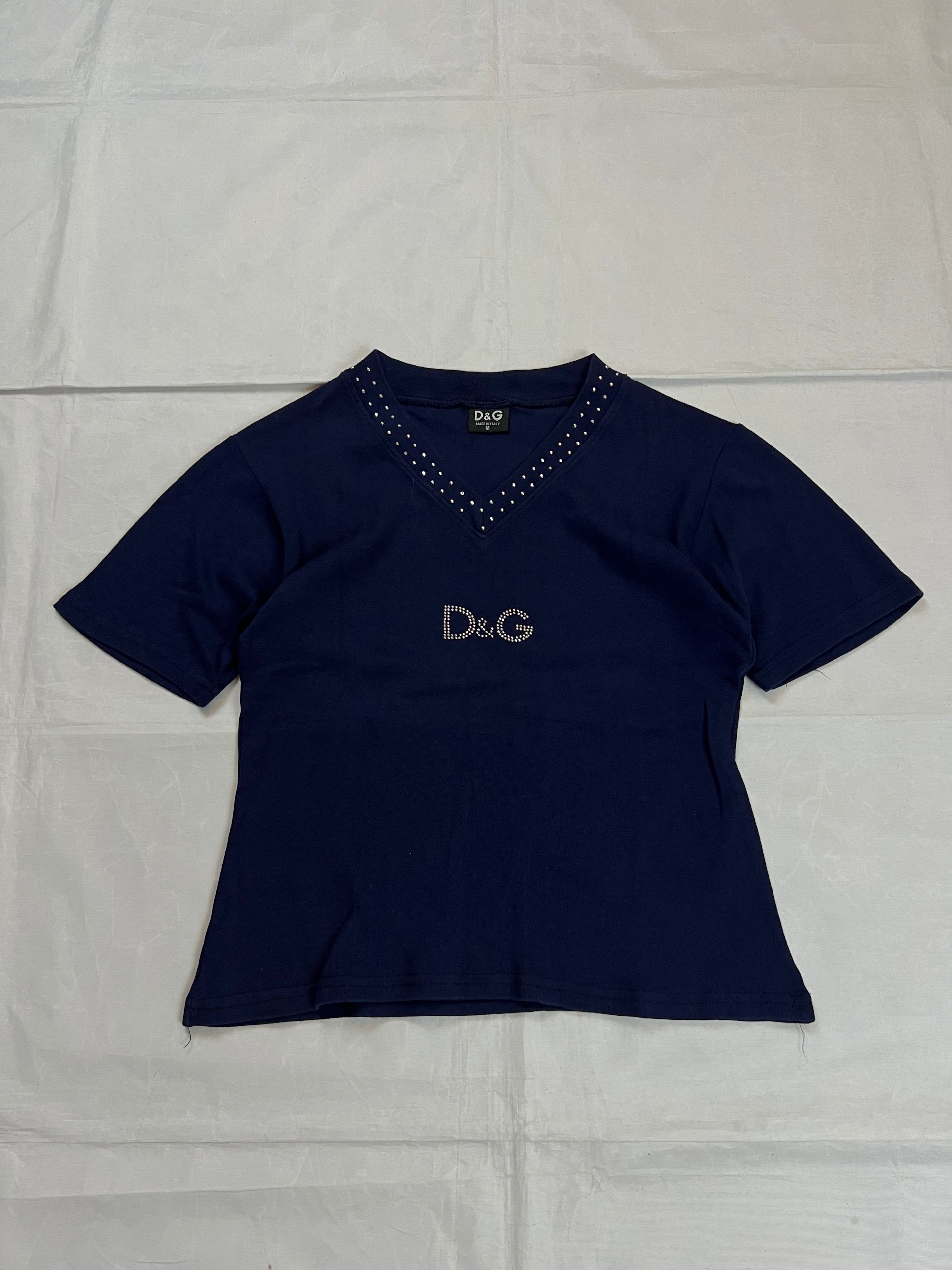D&G Navy Womens Short Sleeve Studded V-Neck T-Shirt Medium