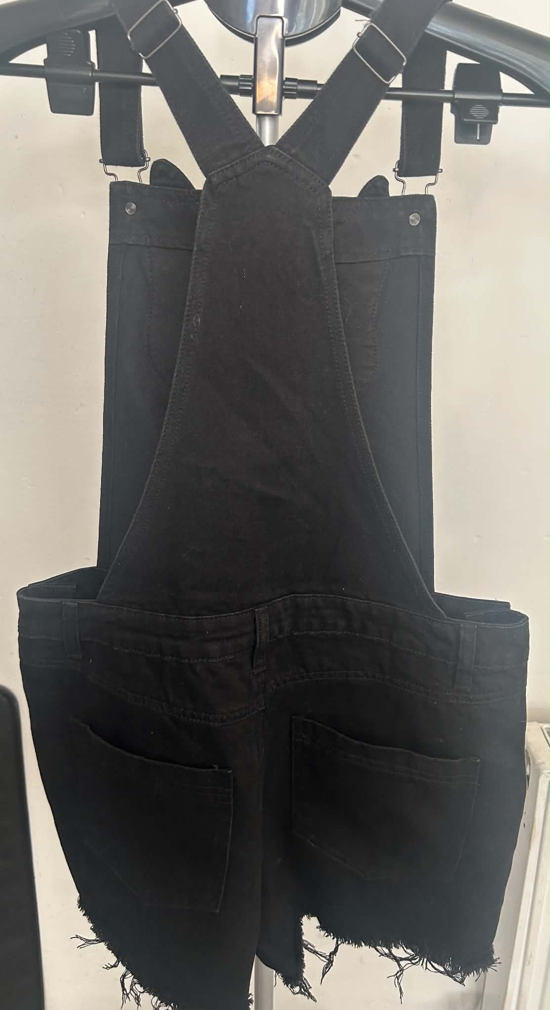 Black Cat Face Denim Dungaree Shorts Distressed Buttons Medium image 2