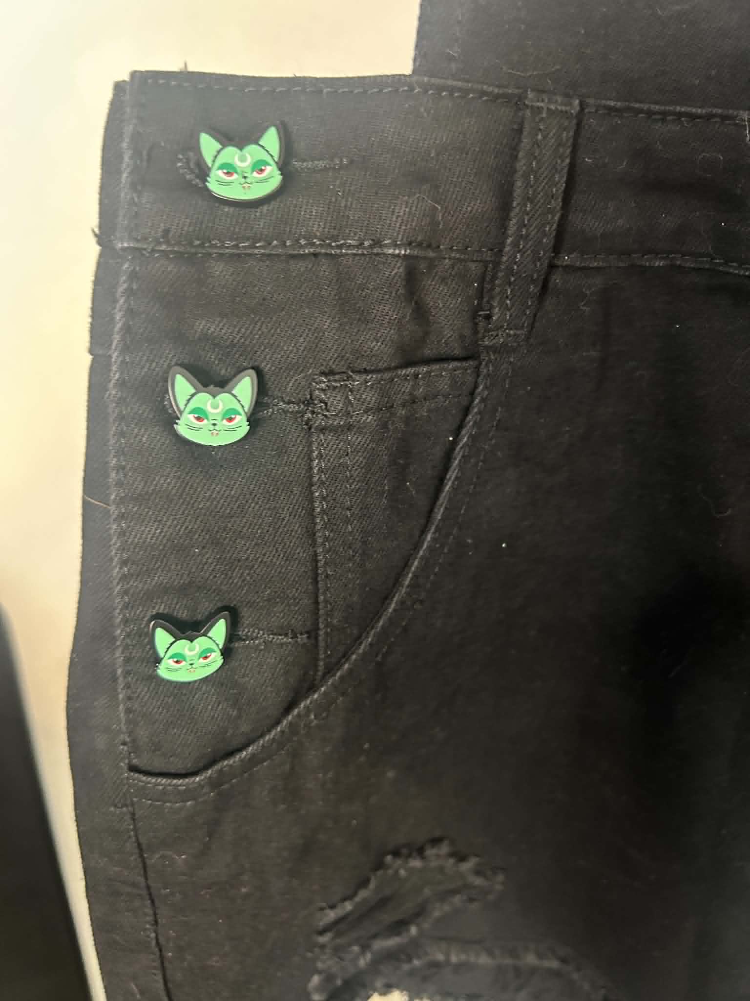 Black Cat Face Denim Dungaree Shorts Distressed Buttons Medium image 4