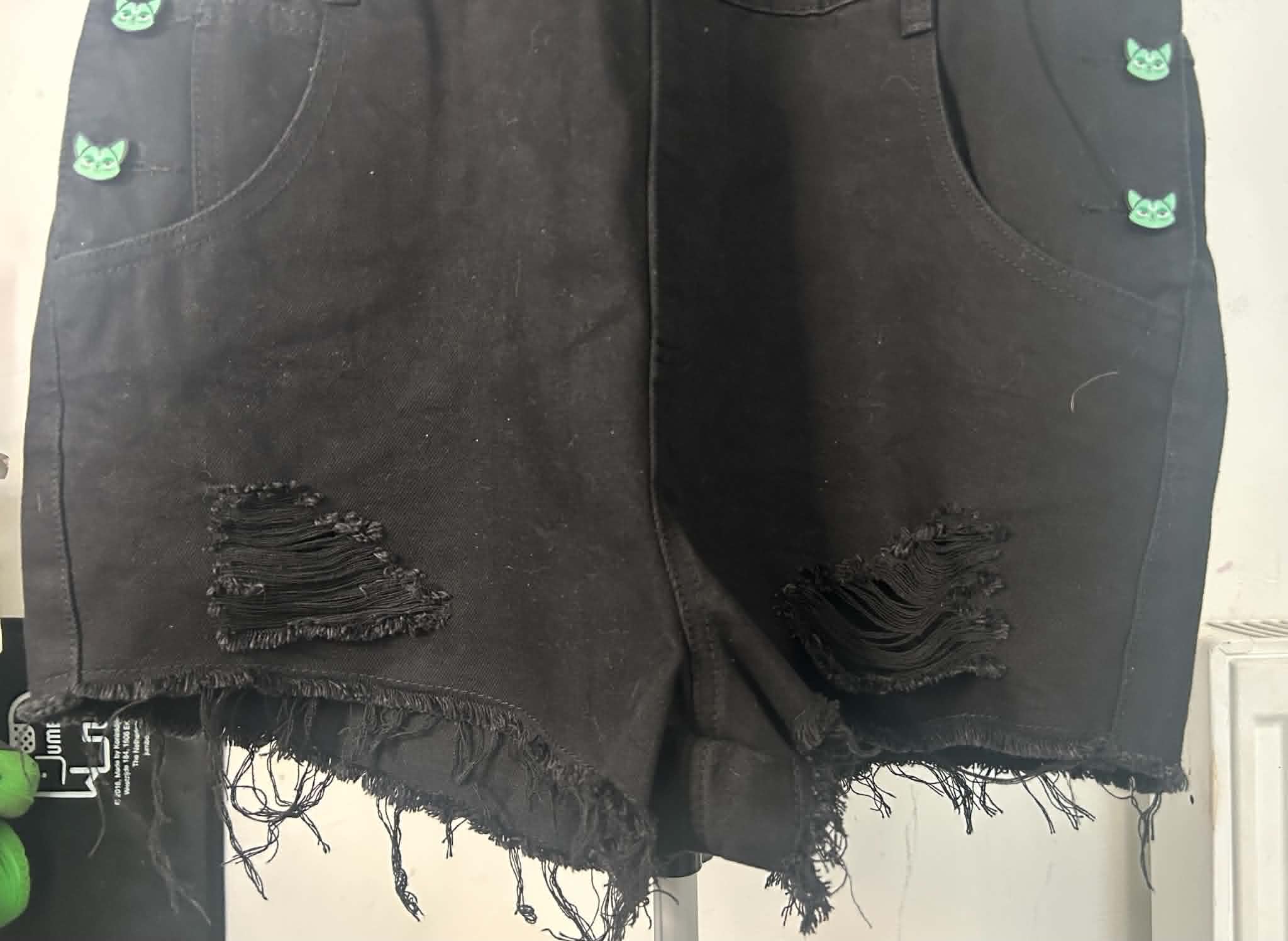 Black Cat Face Denim Dungaree Shorts Distressed Buttons Medium image 5