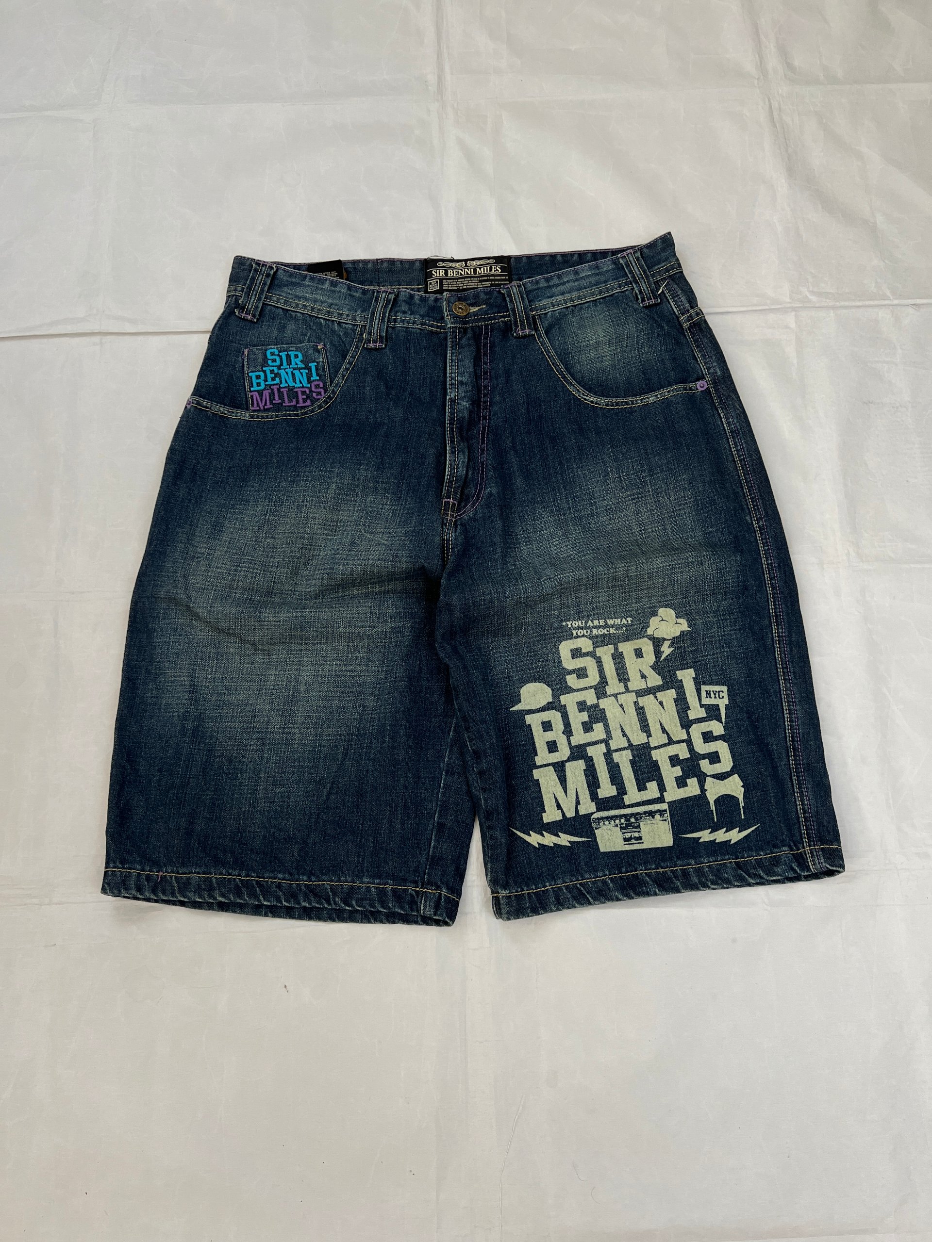 Sir Benni Miles Blue Denim Shorts Large with Embroidered Logo
