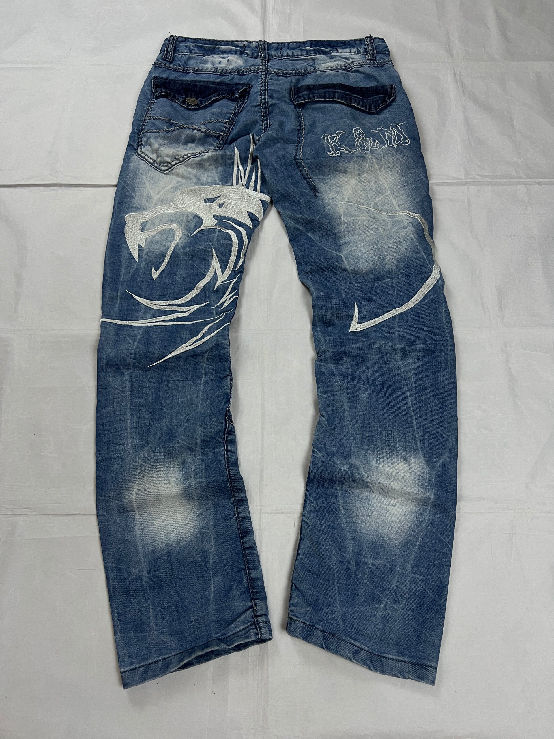 KJM Blue Embroidered Denim Jeans 31 Waist Men's