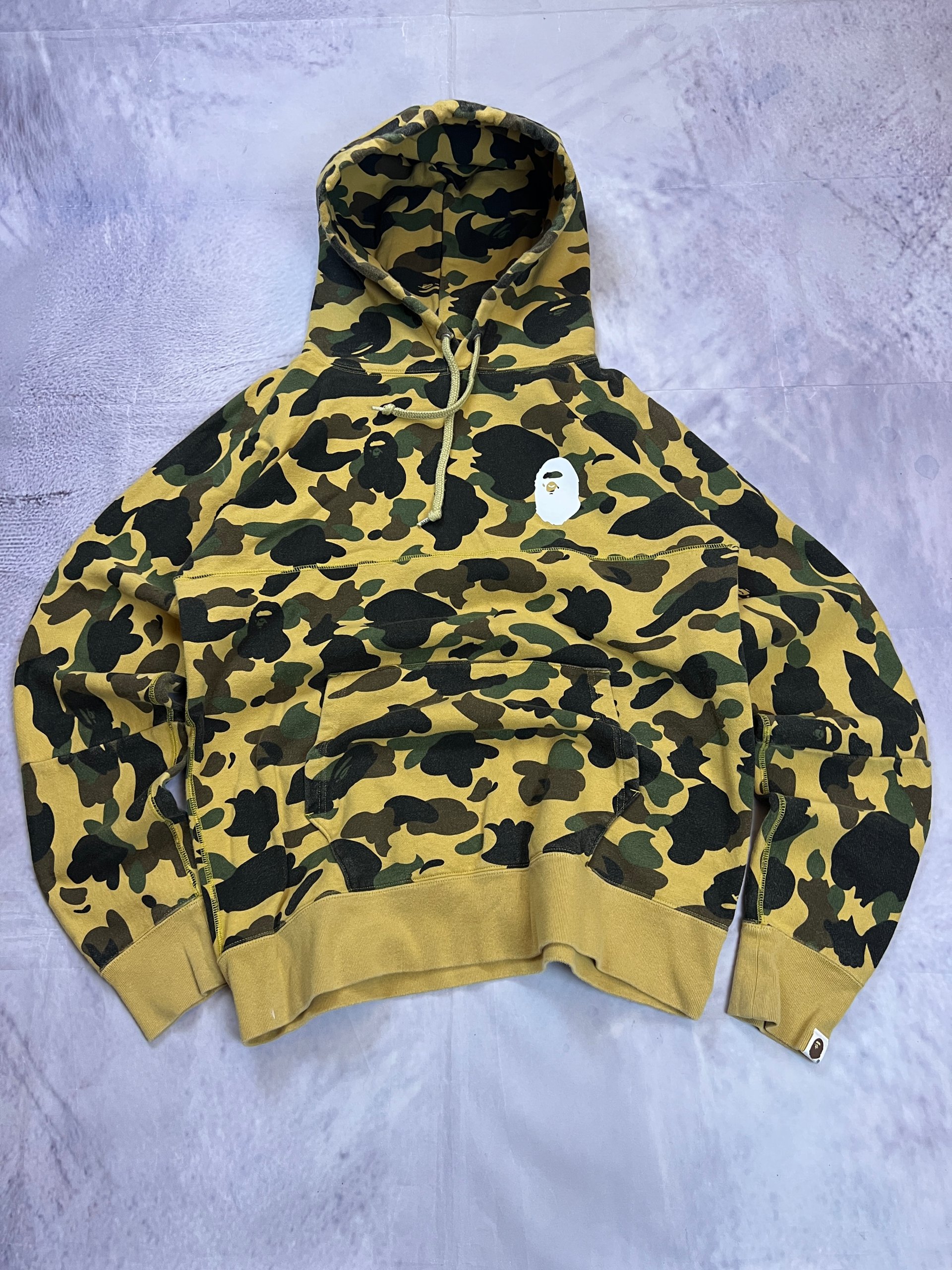 A Bathing Ape Yellow & Green Camo Hoodie Large Ape Head Logo