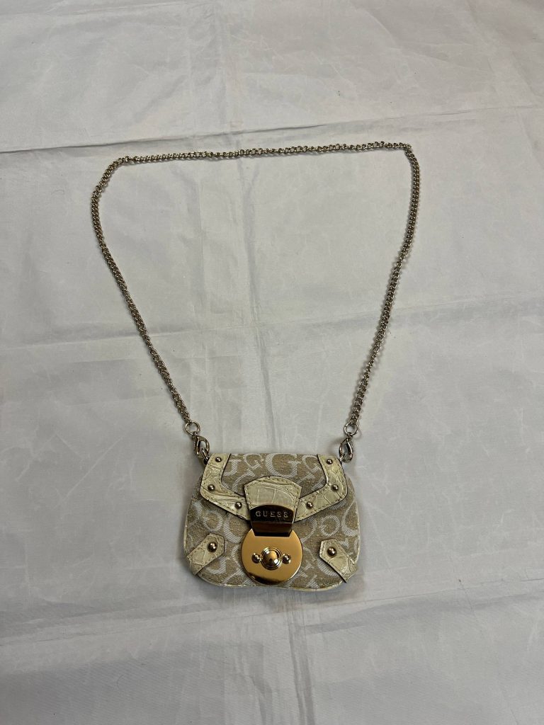 Guess Beige & White Signature Mini Crossbody Bag Chain Strap
