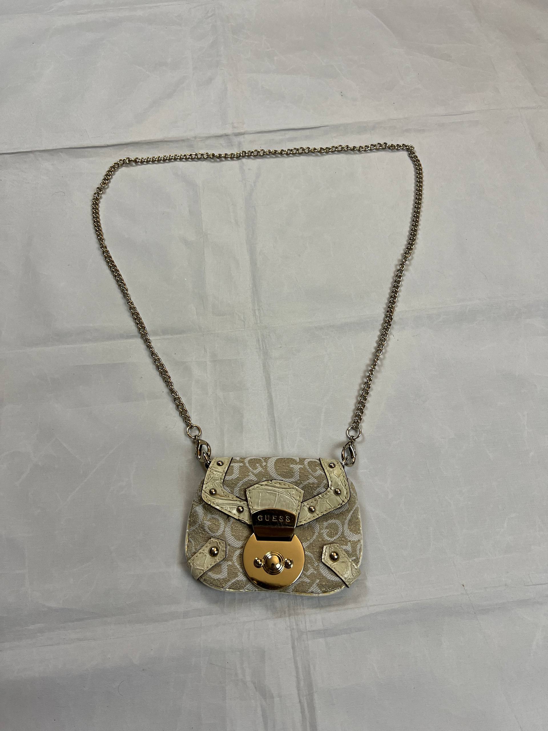 Guess Beige & White Signature Mini Crossbody Bag Chain Strap