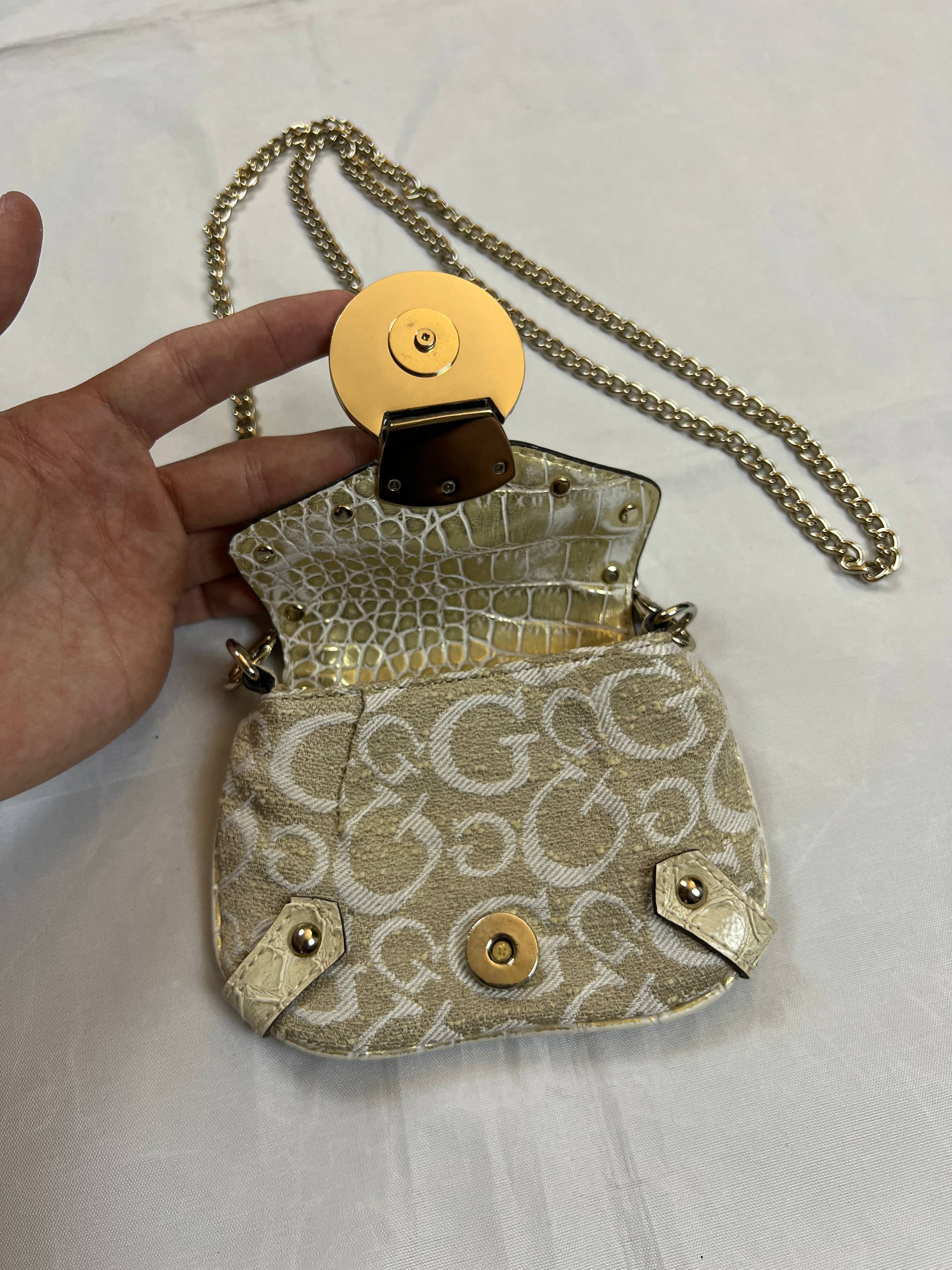 Guess Beige & White Signature Mini Crossbody Bag Chain Strap image 2