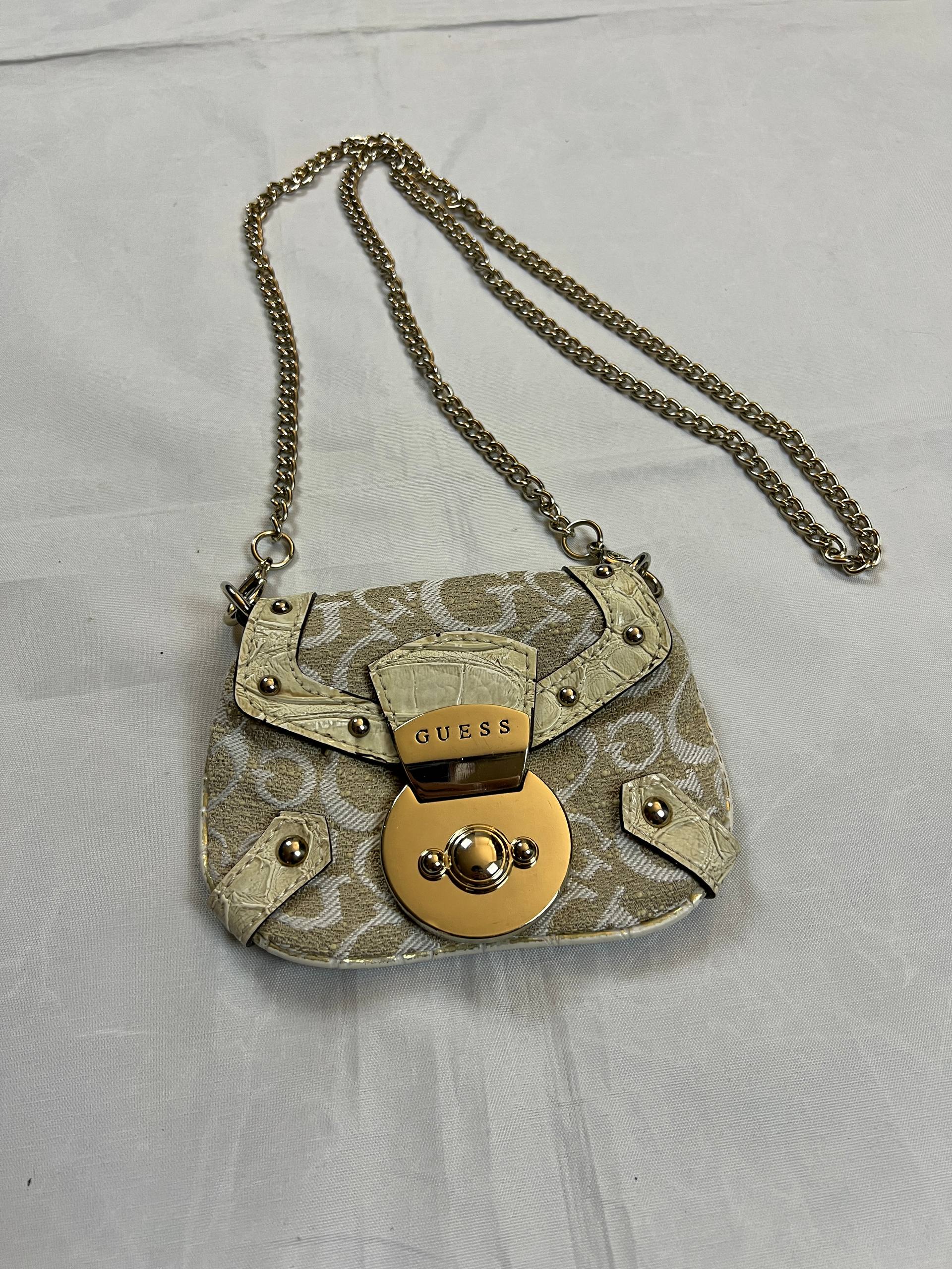 Guess Beige & White Signature Mini Crossbody Bag Chain Strap image 3