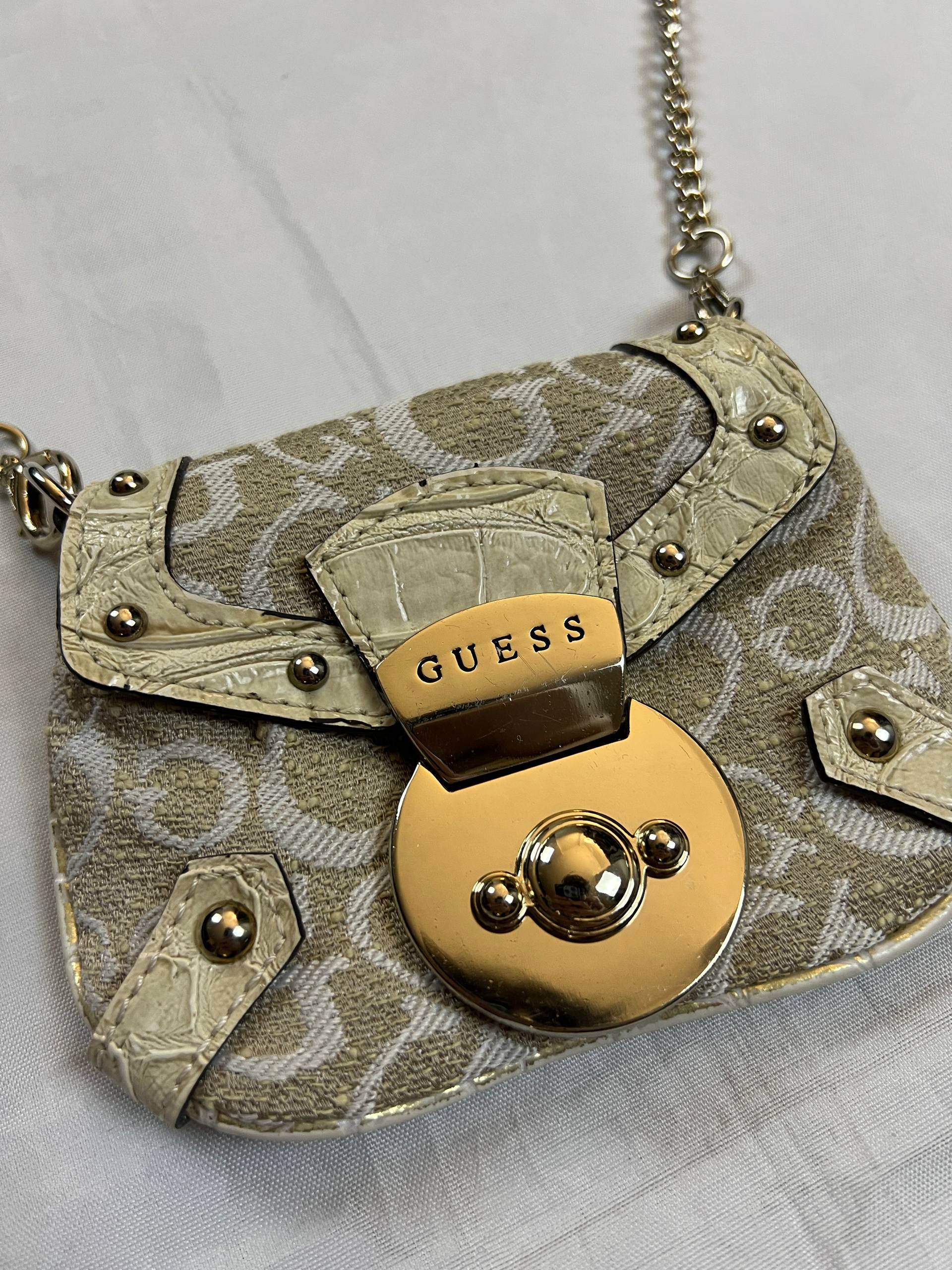 Guess Beige & White Signature Mini Crossbody Bag Chain Strap image 4