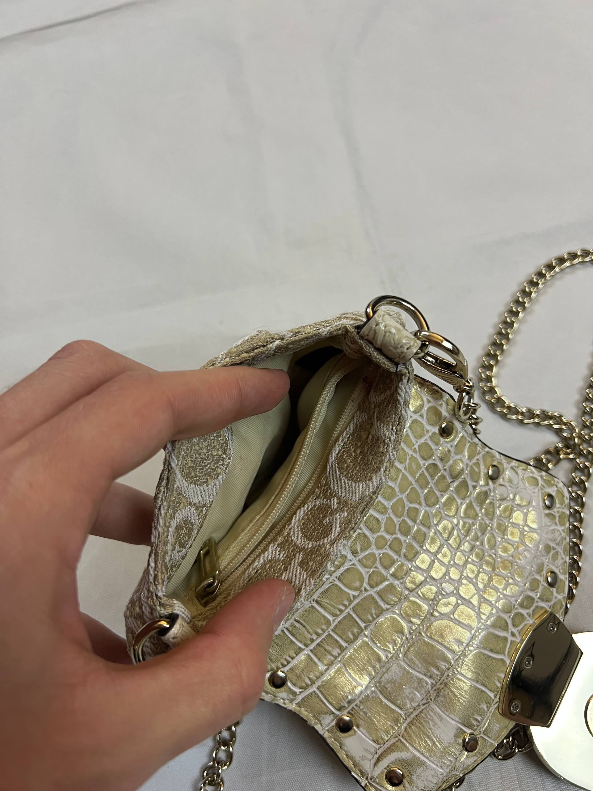 Guess Beige & White Signature Mini Crossbody Bag Chain Strap image 5