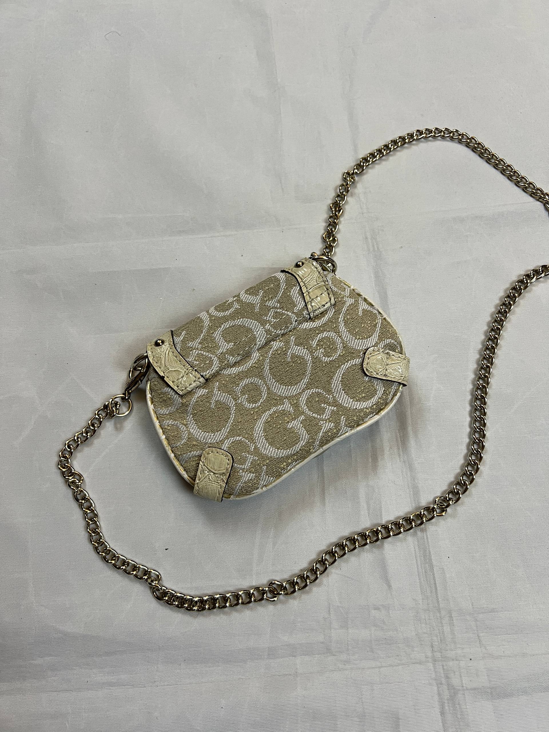 Guess Beige & White Signature Mini Crossbody Bag Chain Strap image 7