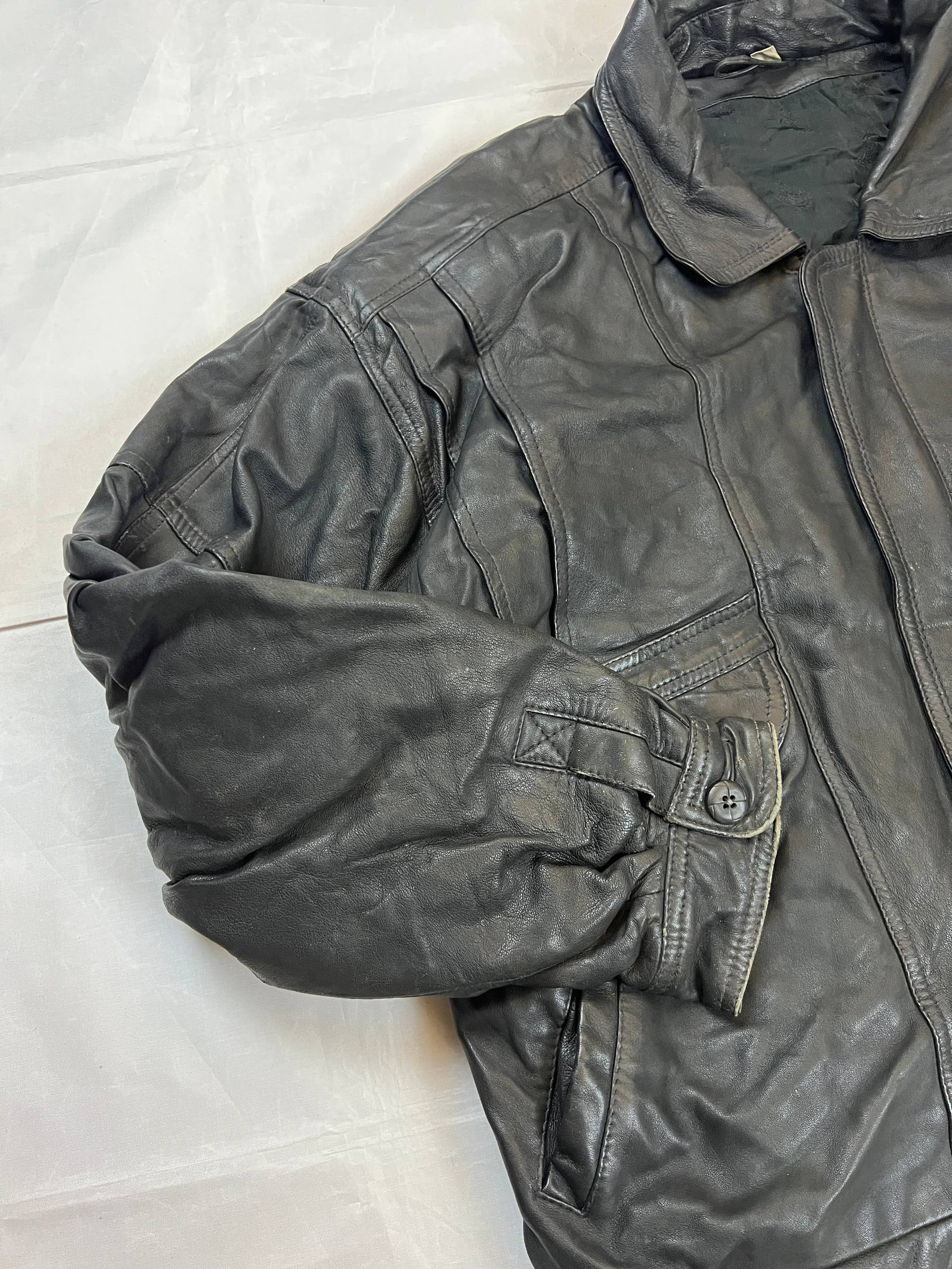 Black Genuine Leather Men's Bomber Jacket Large image 10