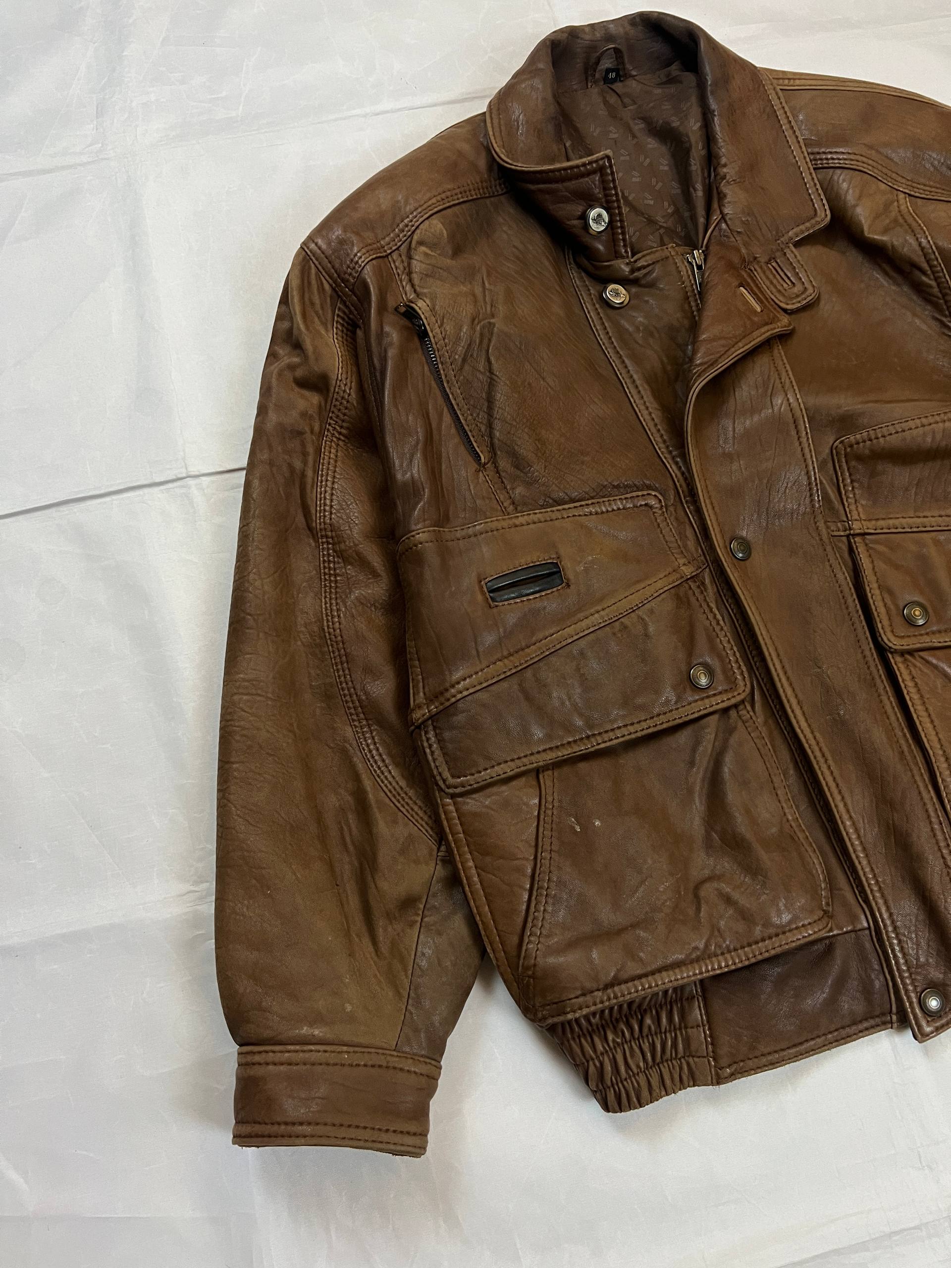 Brown Leather Men's Vintage Bomber Jacket Medium image 3