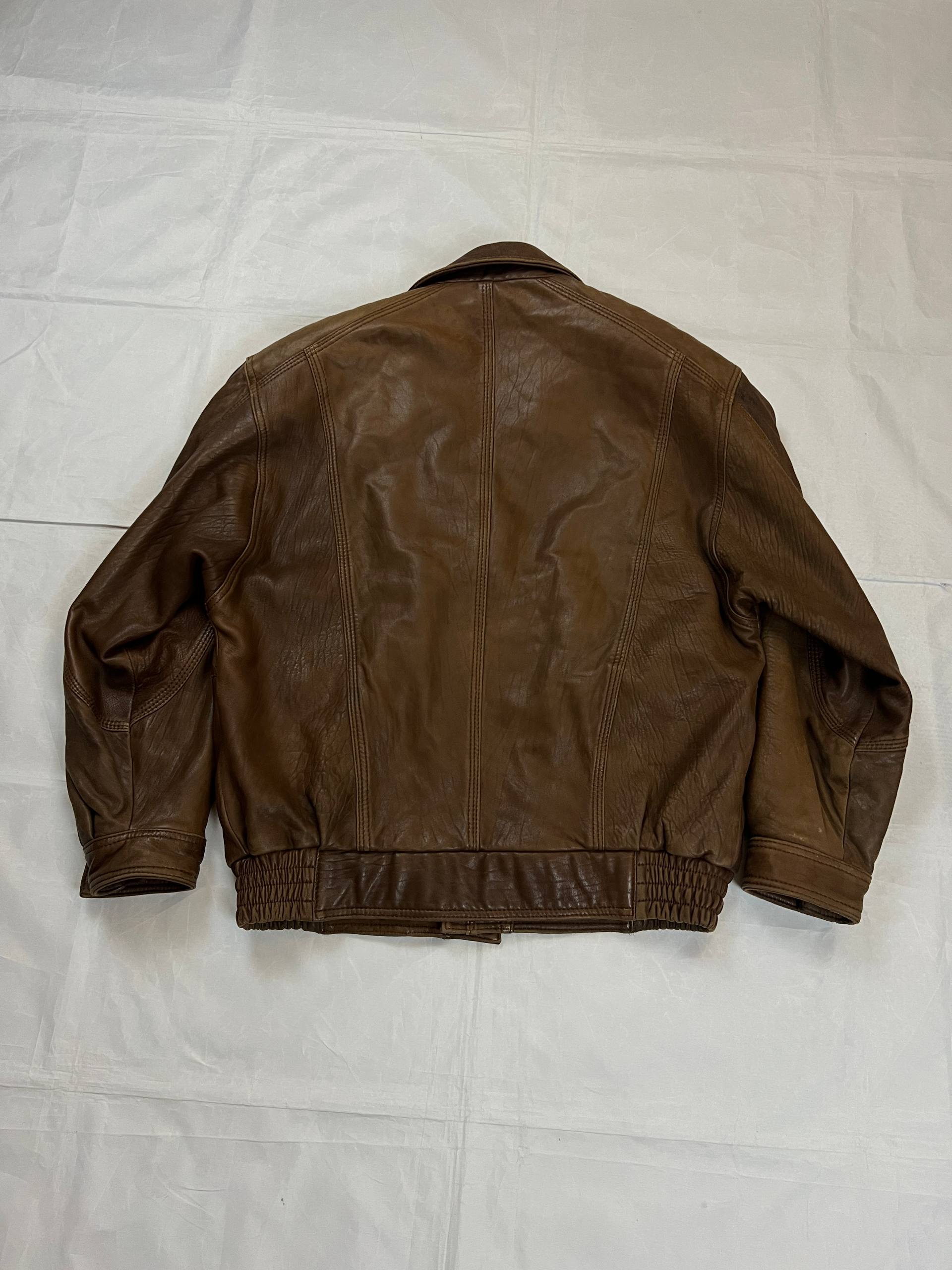 Brown Leather Men's Vintage Bomber Jacket Medium image 4