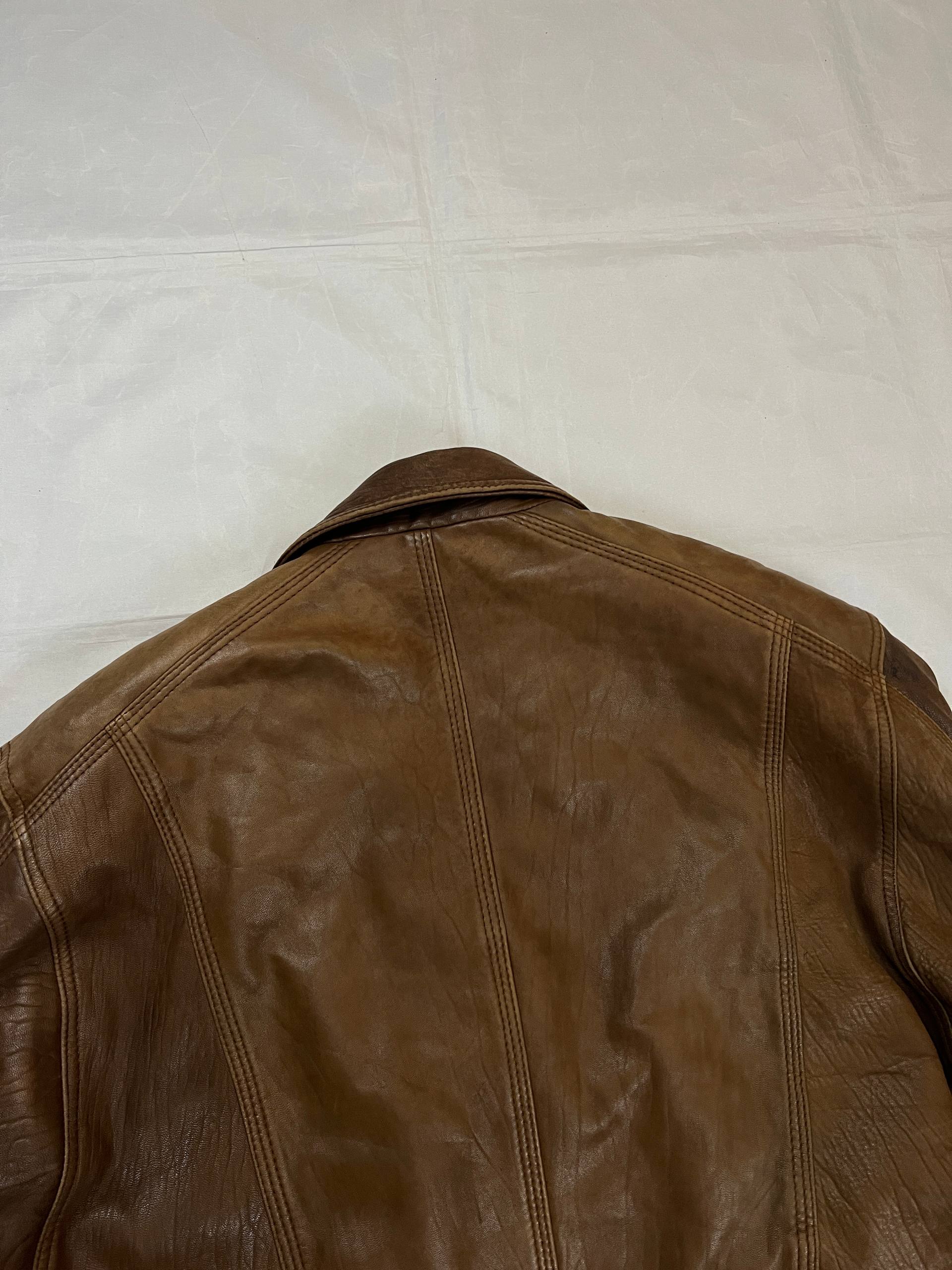 Brown Leather Men's Vintage Bomber Jacket Medium image 5
