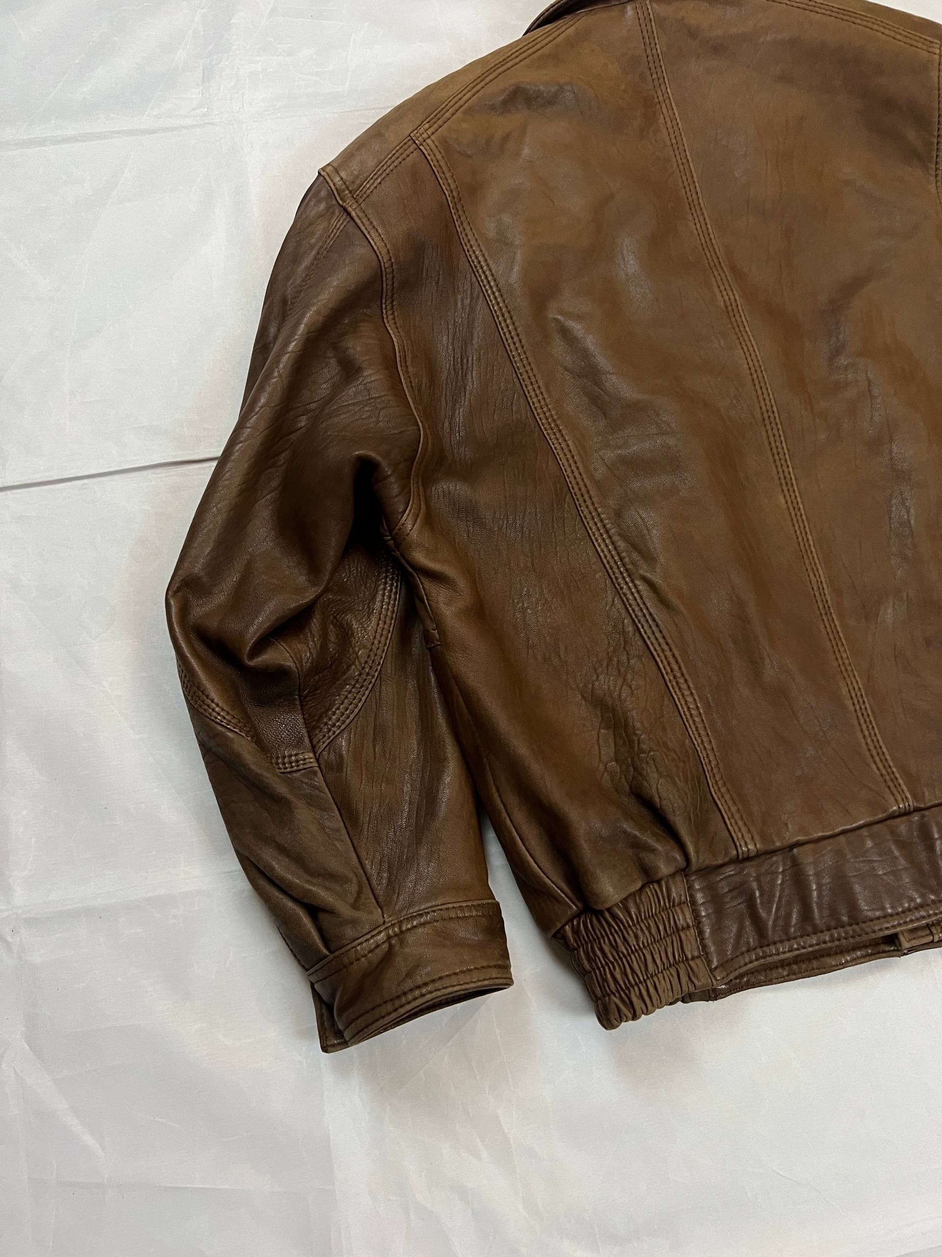 Brown Leather Men's Vintage Bomber Jacket Medium image 6