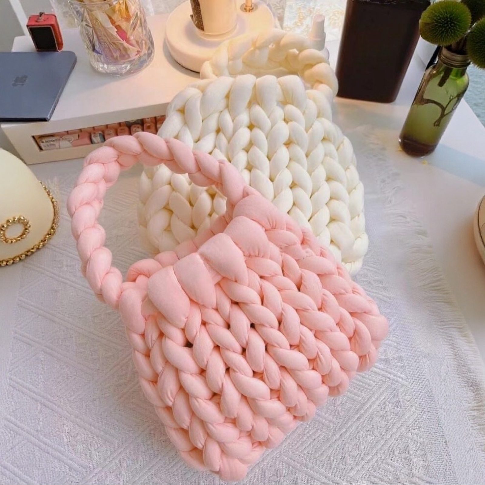 Luxe Chunky Knit Crochet Bag Peach Pink Small Soft Woven Fashion Handbag