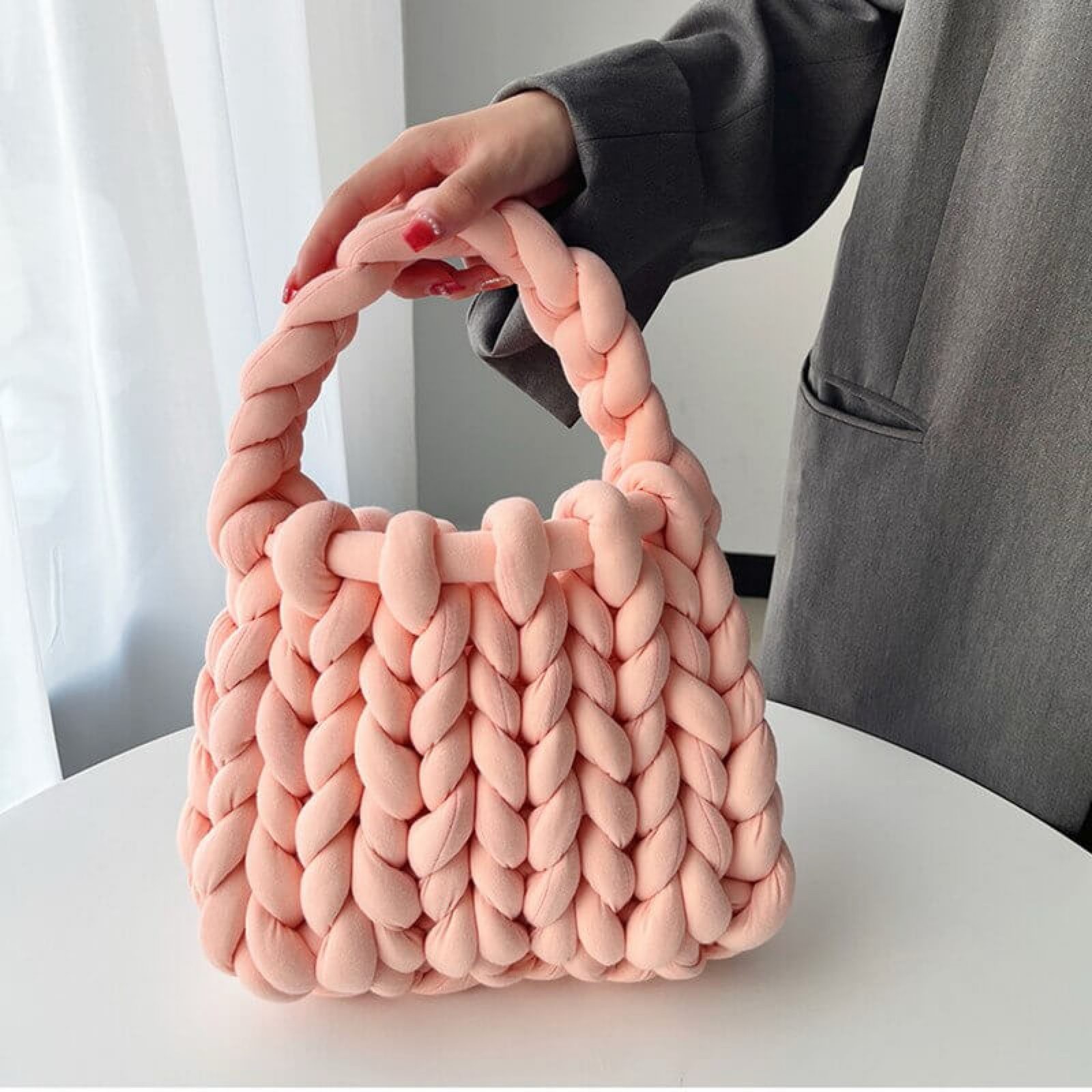 Luxe Chunky Knit Crochet Bag Peach Pink Small Soft Woven Fashion Handbag image 5