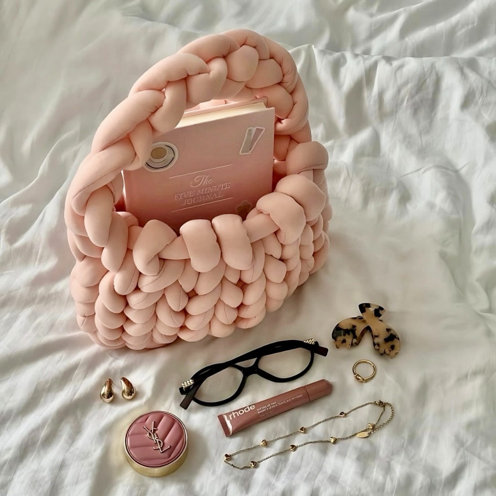 Luxe Chunky Knit Crochet Bag Peach Pink Small Soft Woven Fashion Handbag image 6
