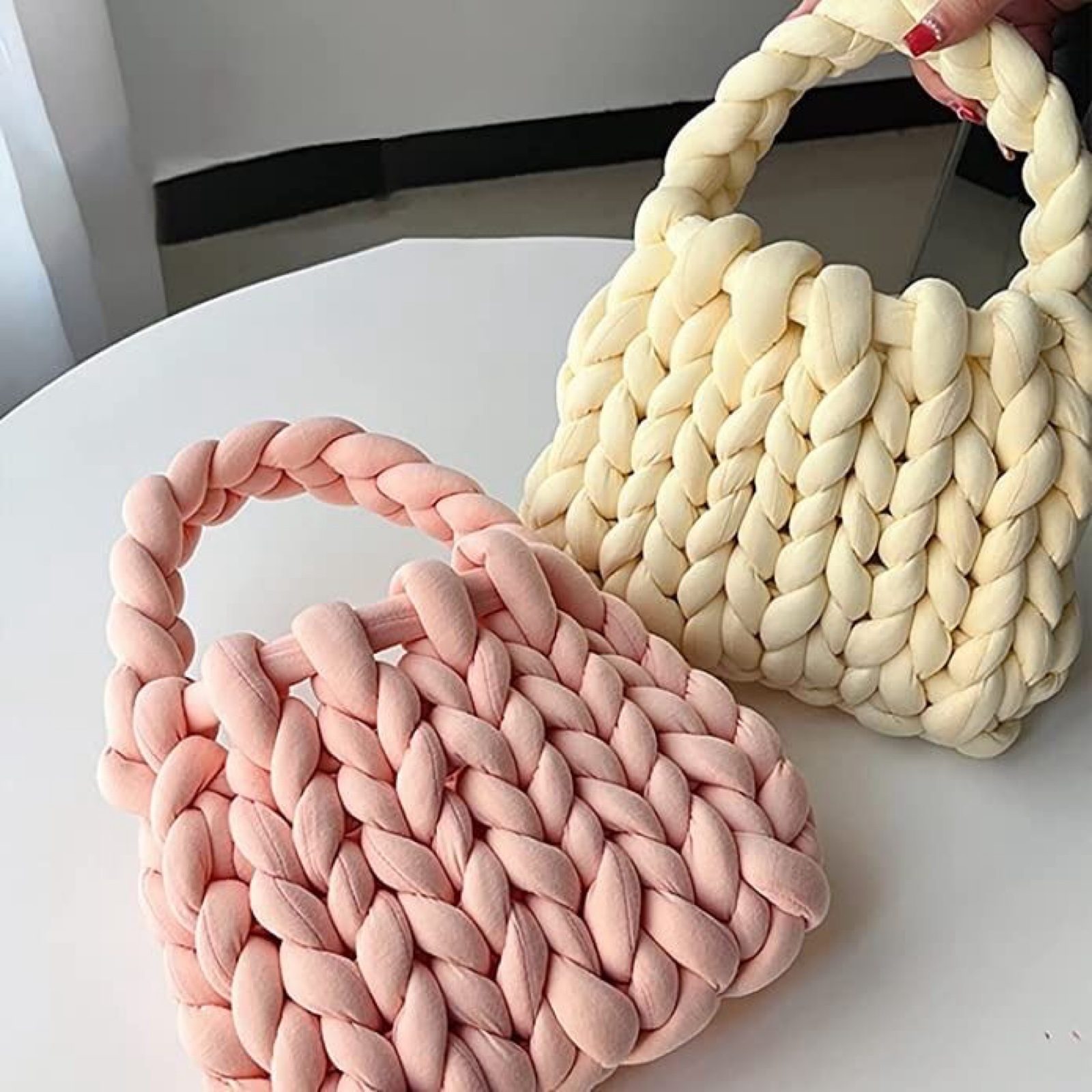 Luxe Chunky Knit Crochet Bag Peach Pink Small Soft Woven Fashion Handbag image 7