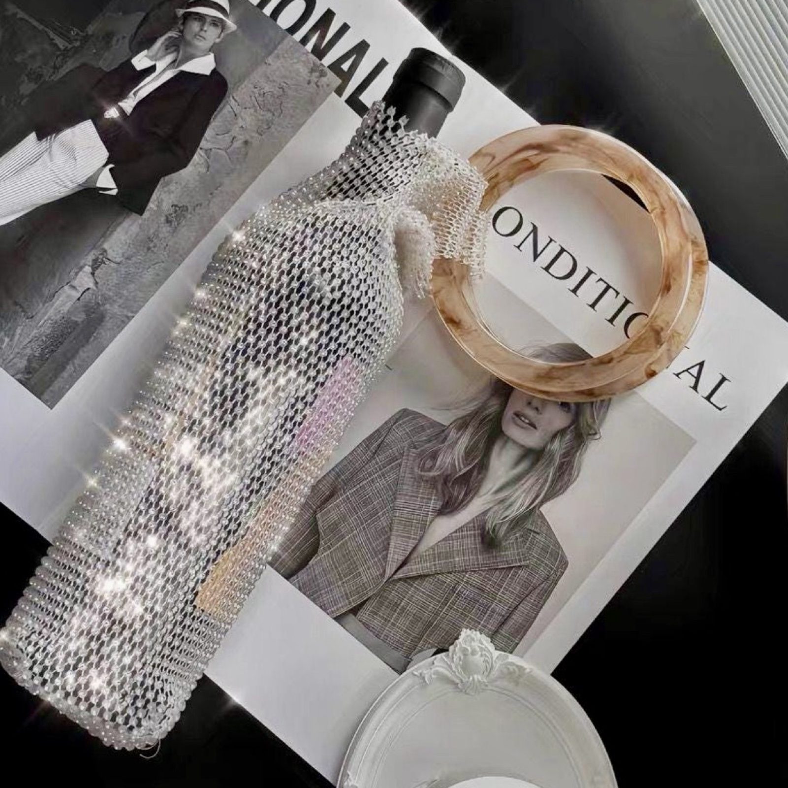 Rhinestone Mesh Y2K Fashion Wine Carry Bag Marble Handles White Wedding Gift