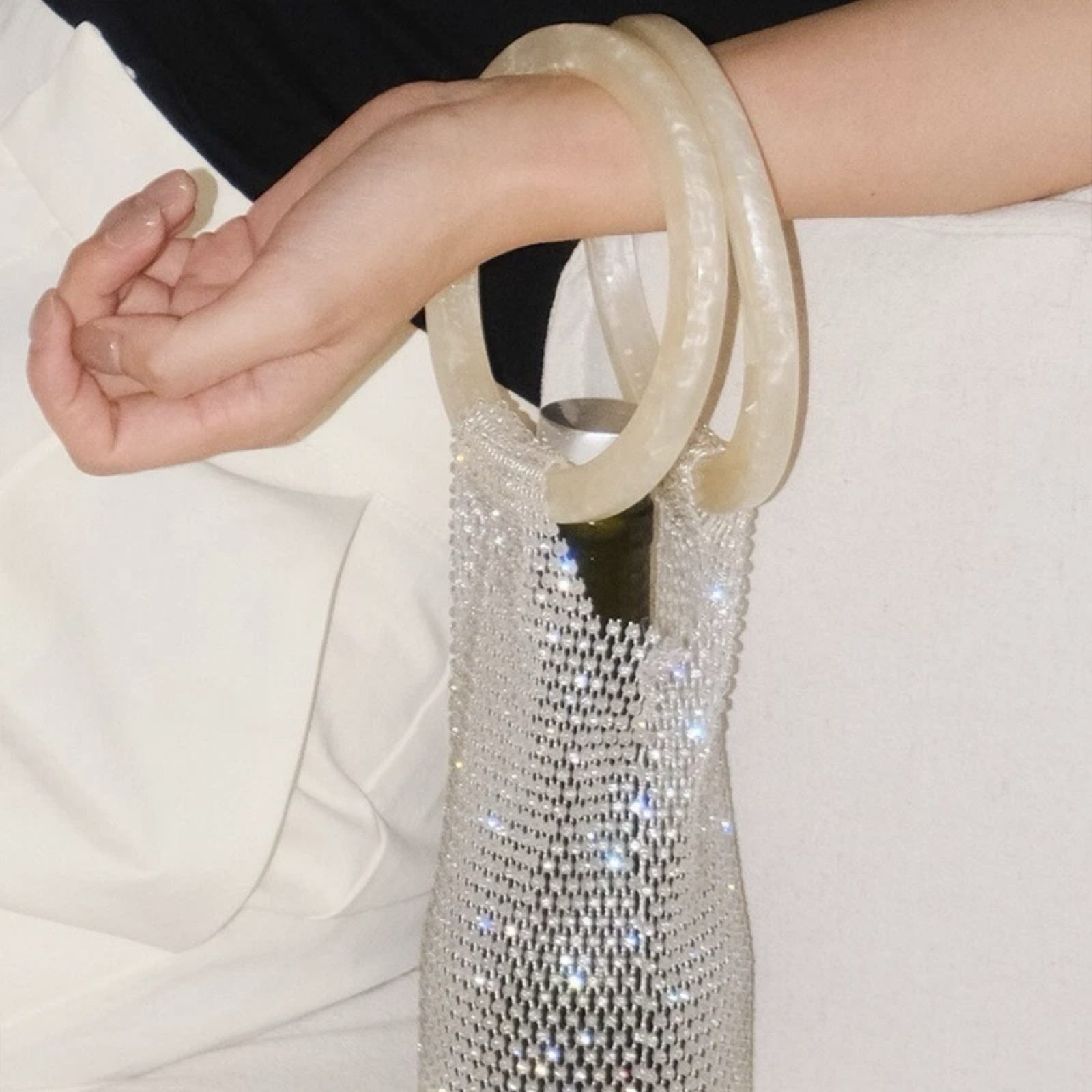 Rhinestone Mesh Y2K Fashion Wine Carry Bag Marble Handles White Wedding Gift image 4