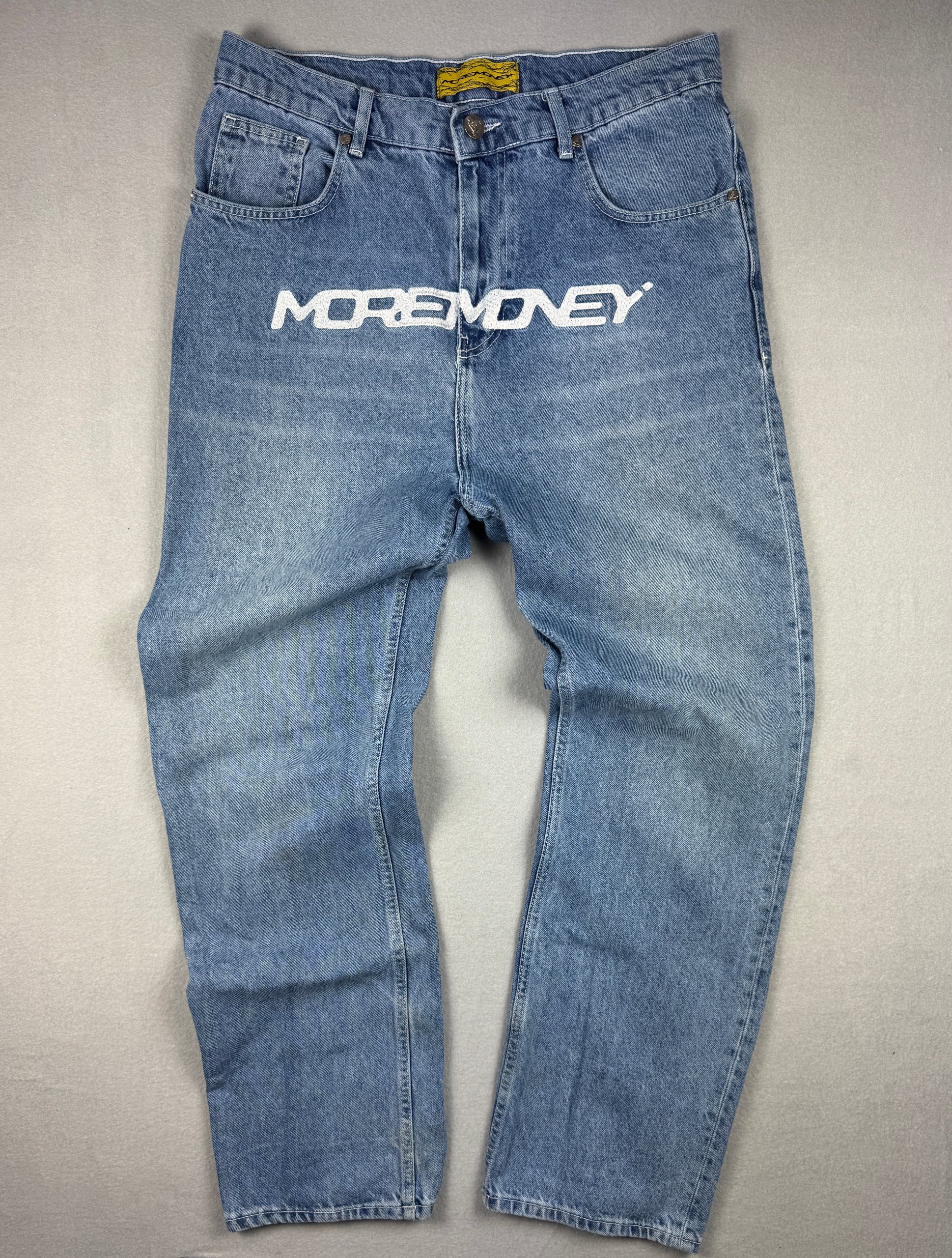 More Money Blue Denim Jeans Large Embroidered Logo Size 28 / S