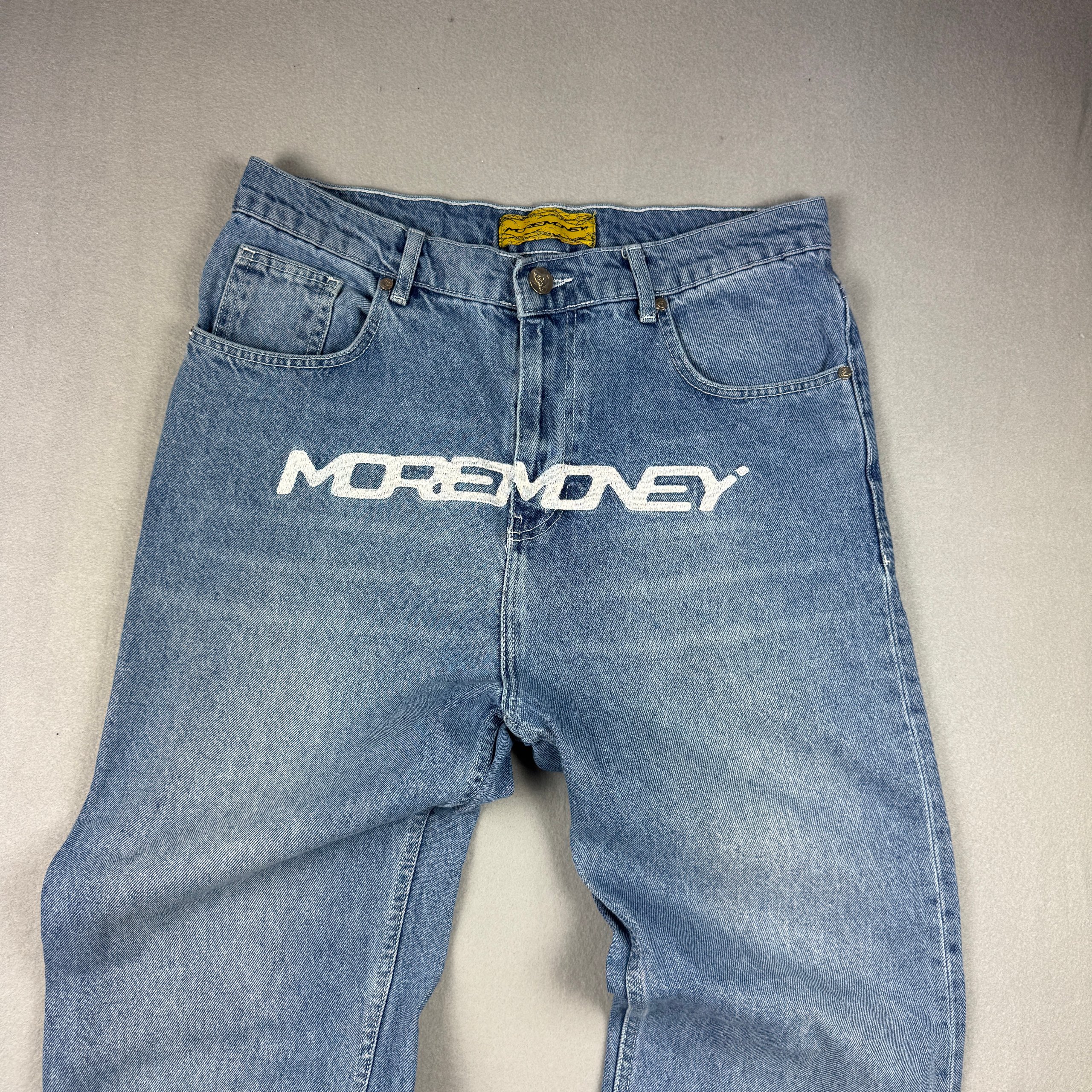 More Money Blue Denim Jeans Large Embroidered Logo Size 28 / S image 2
