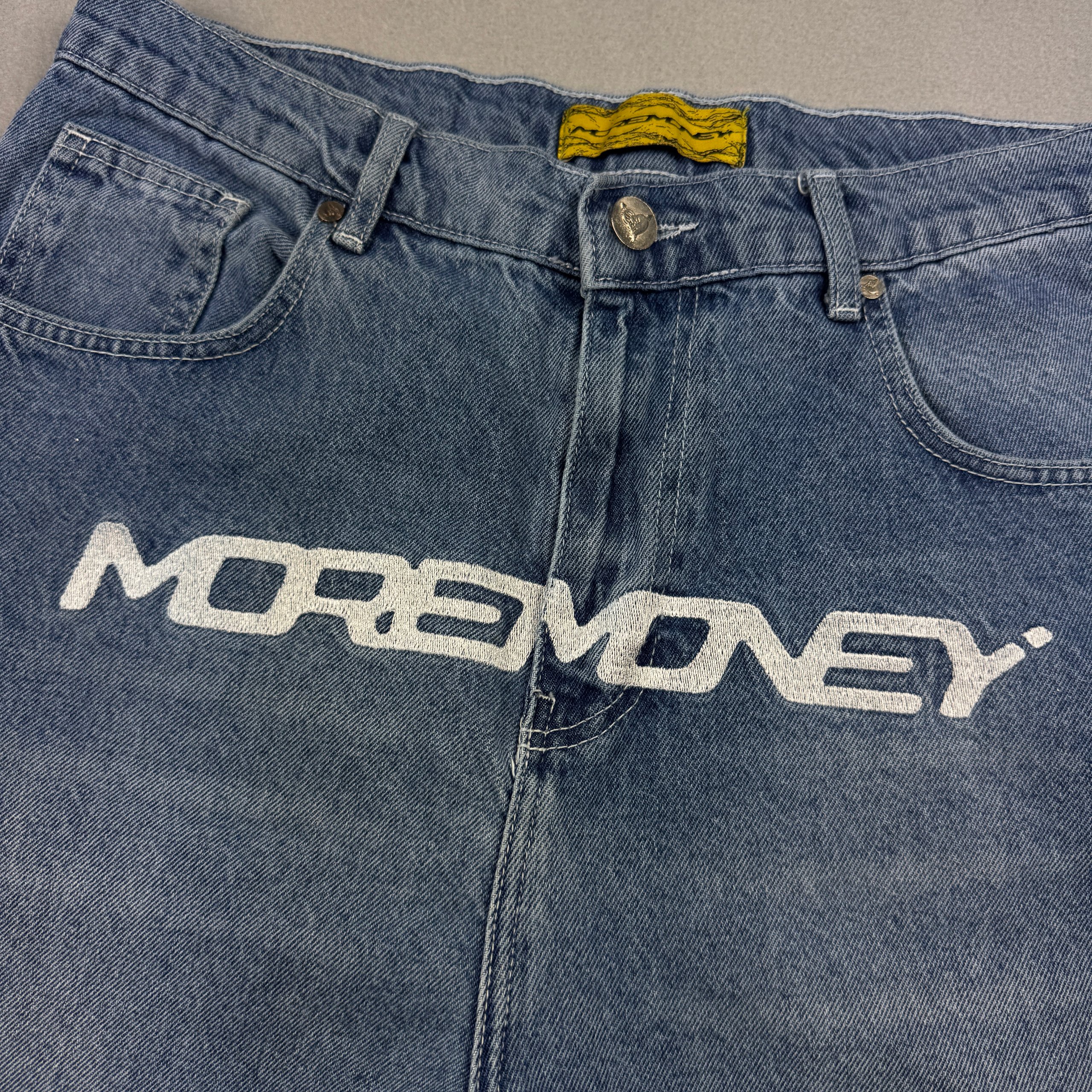 More Money Blue Denim Jeans Large Embroidered Logo Size 28 / S image 3